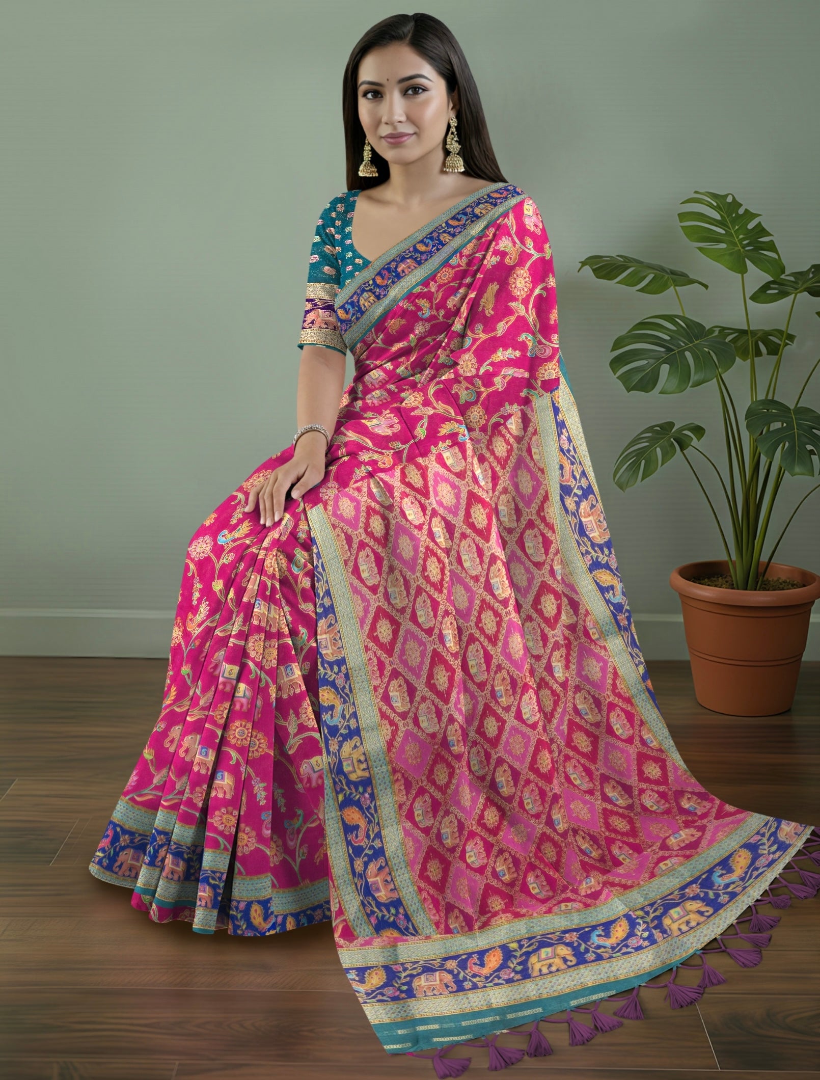 Pure Rajwada Silk Saree in Baby Pink with Elephant Weaving & Sea Green Blouse