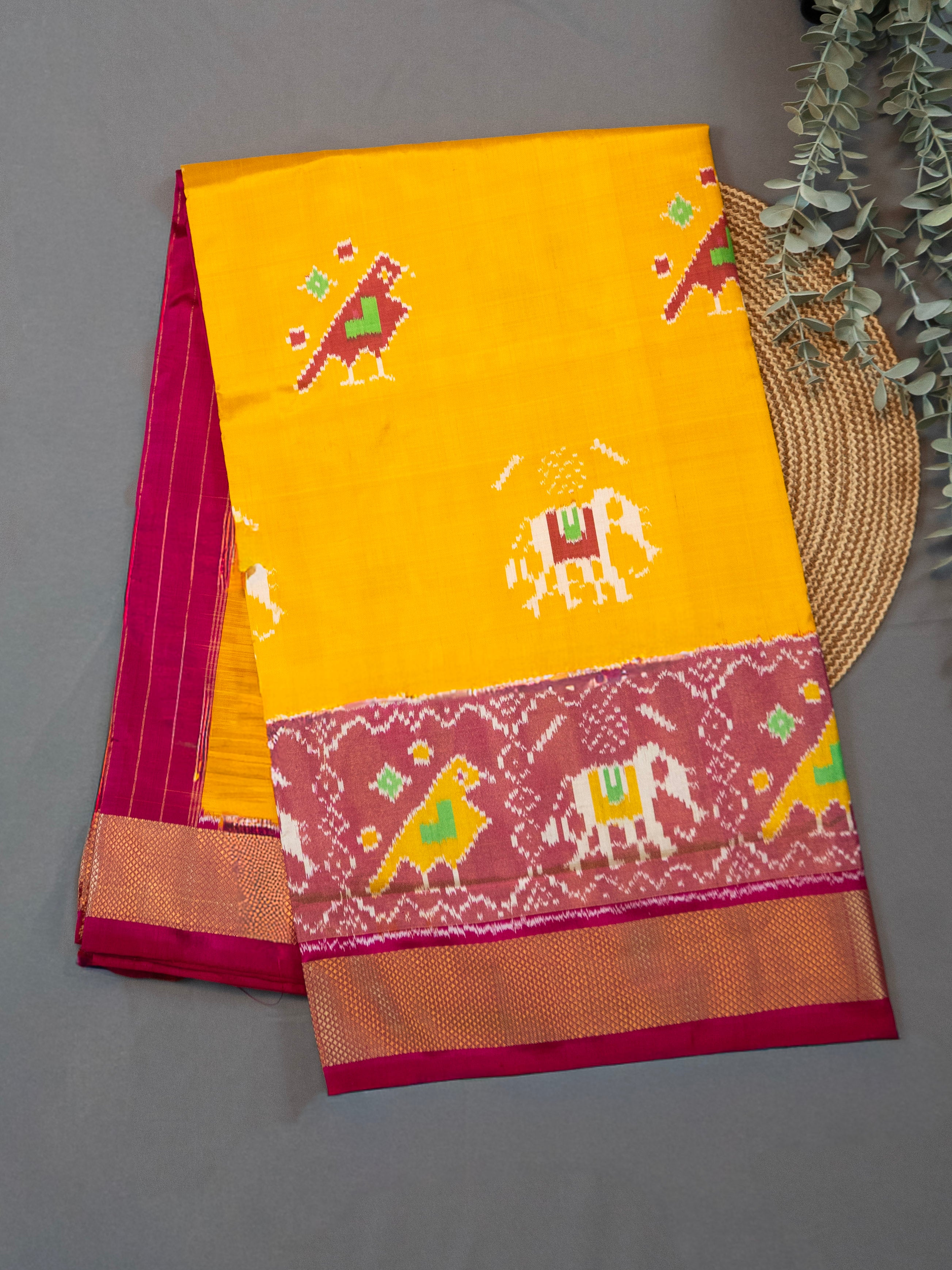 Pure Pochampally Double Ikat Silk Saree in Yellow with Elephant Ikat & Pink Pallu