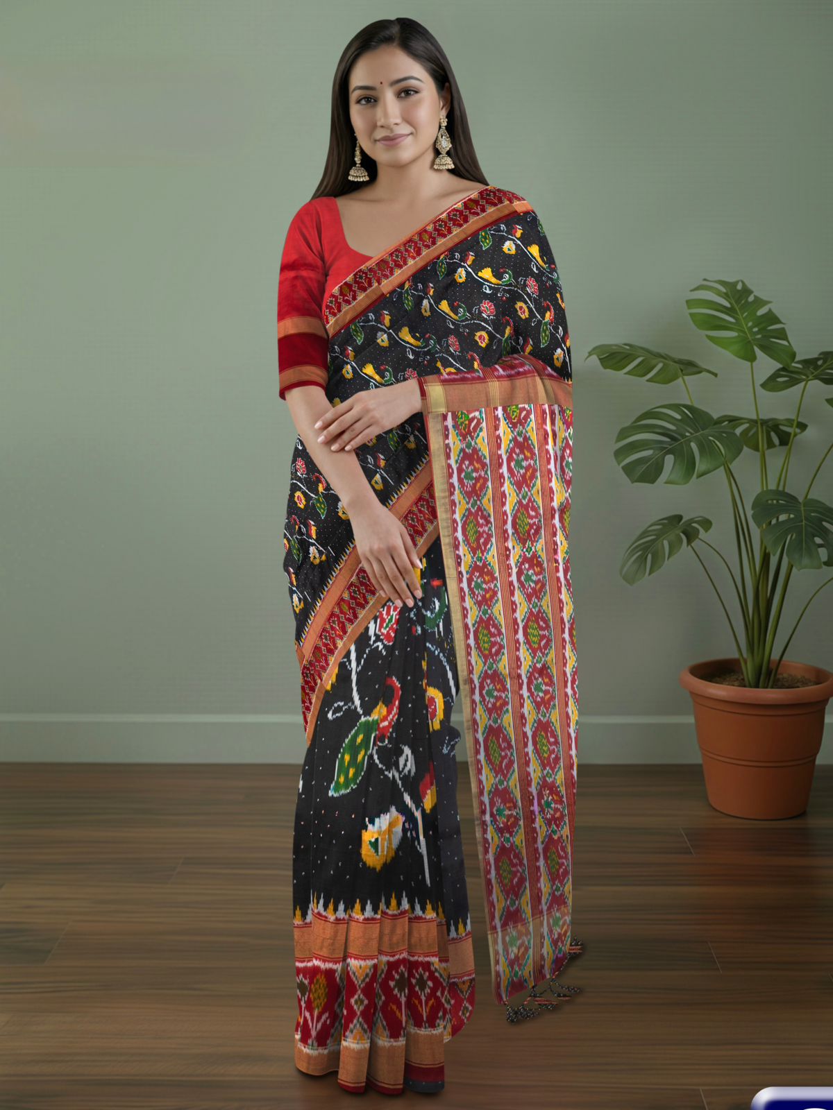 Pure Pochampally Ikat Silk Saree in Black with Animal Motif Weaving & Red Blouse