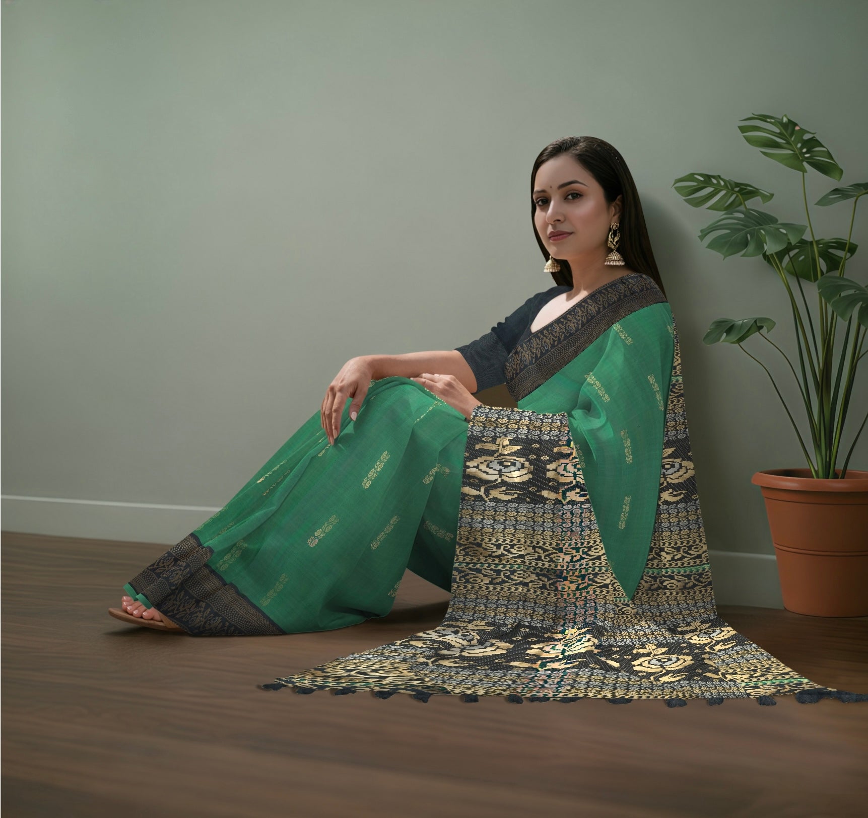 Pure Pochampally Silk Saree in Emerald Green with Butta Weaving & Black Zari Pallu
