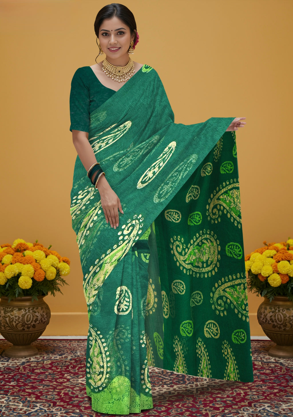 Hand Batik Print Cotton Saree in Dark Green Color