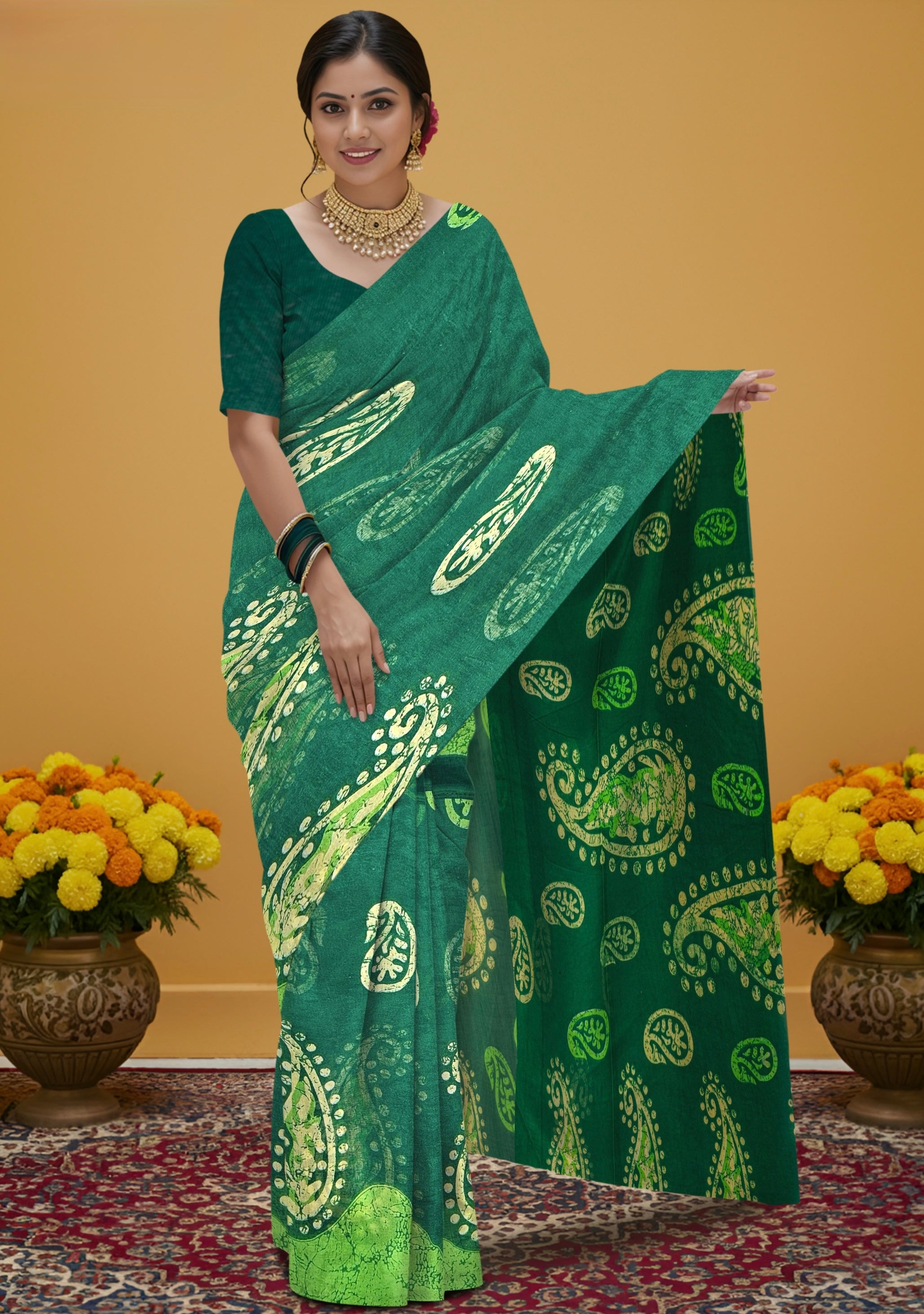 Hand Batik Print Cotton Saree in Dark Green Color