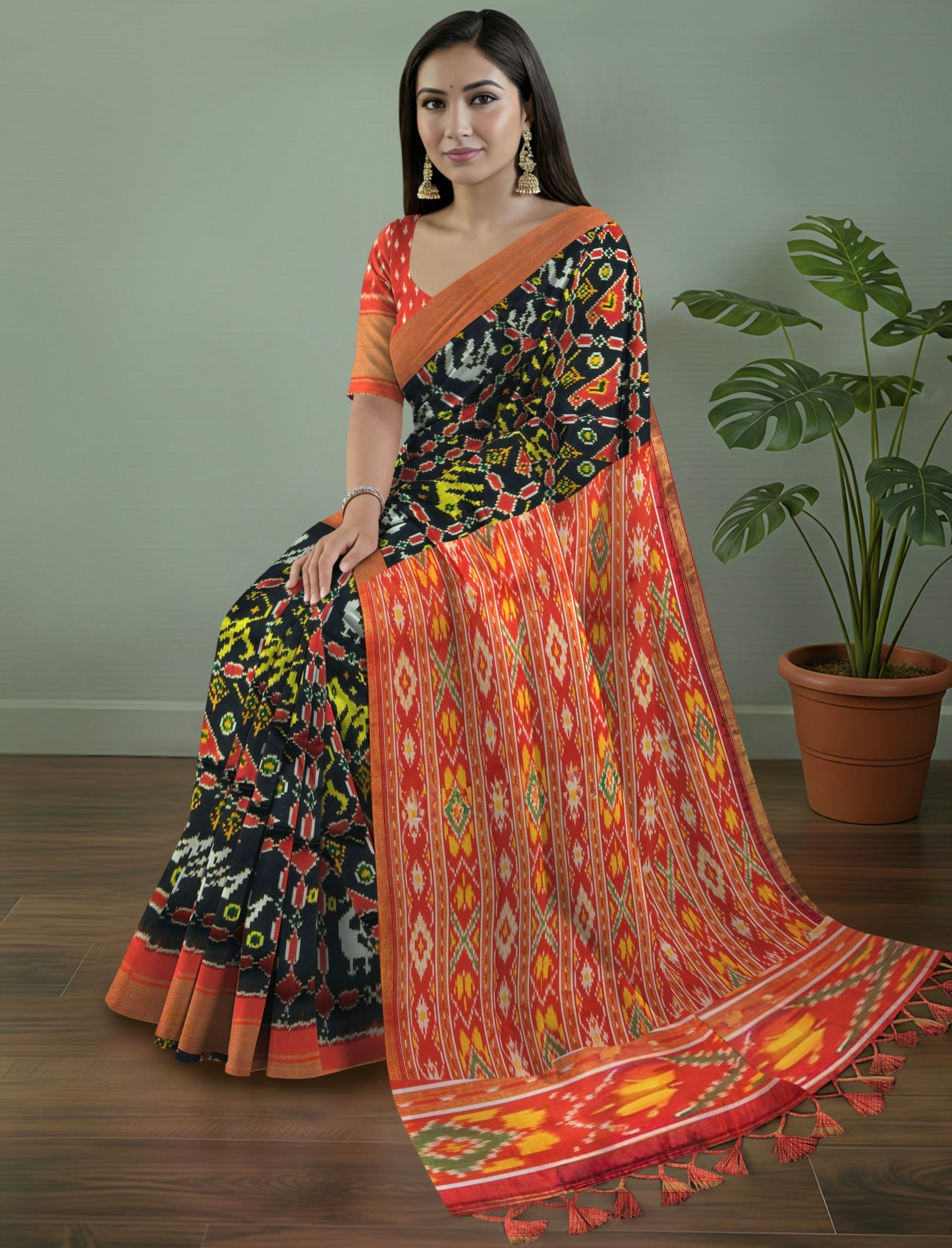 Pure Pochampally Double Ikat Silk Saree in Black with Red Ikat Pallu
