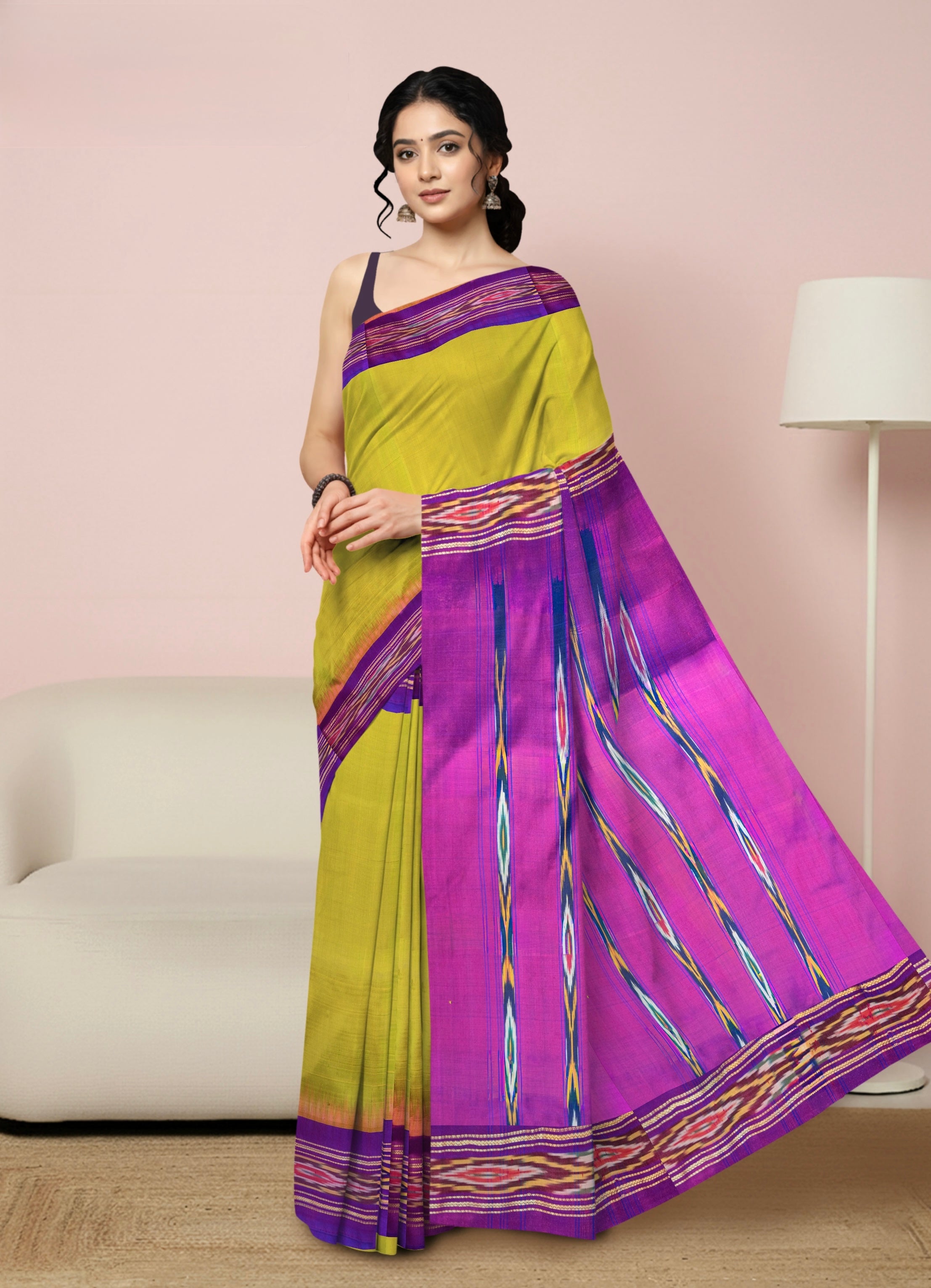 Pure Pochampally Plain Silk Saree in Green with Pink Patola Border & Patola Pallu (Without Blouse)