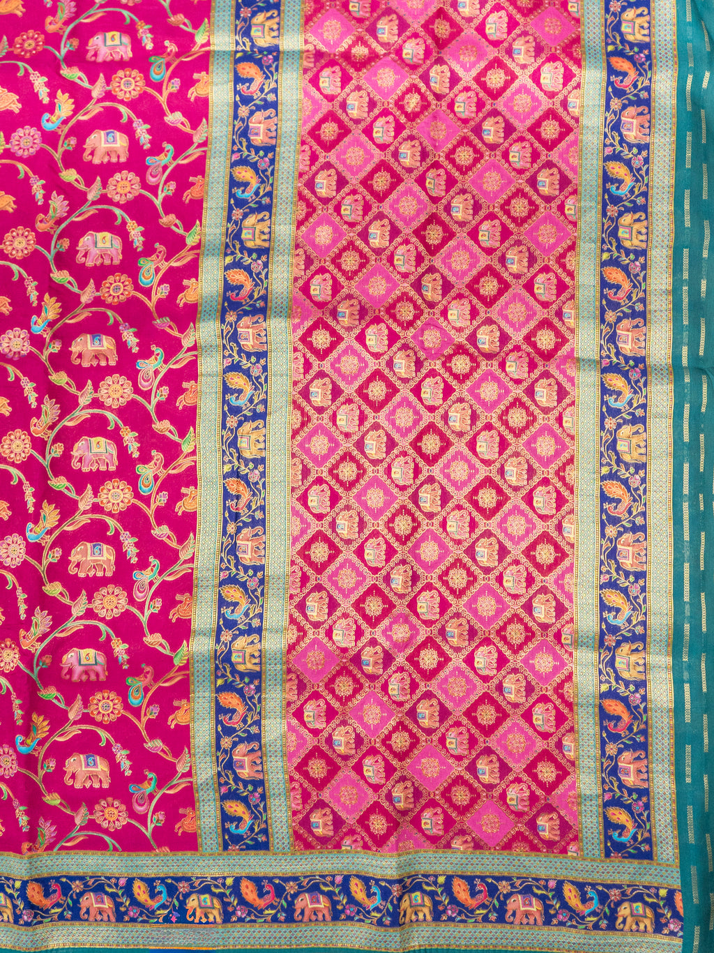 Pure Rajwada Silk Saree in Baby Pink with Elephant Weaving & Sea Green Blouse