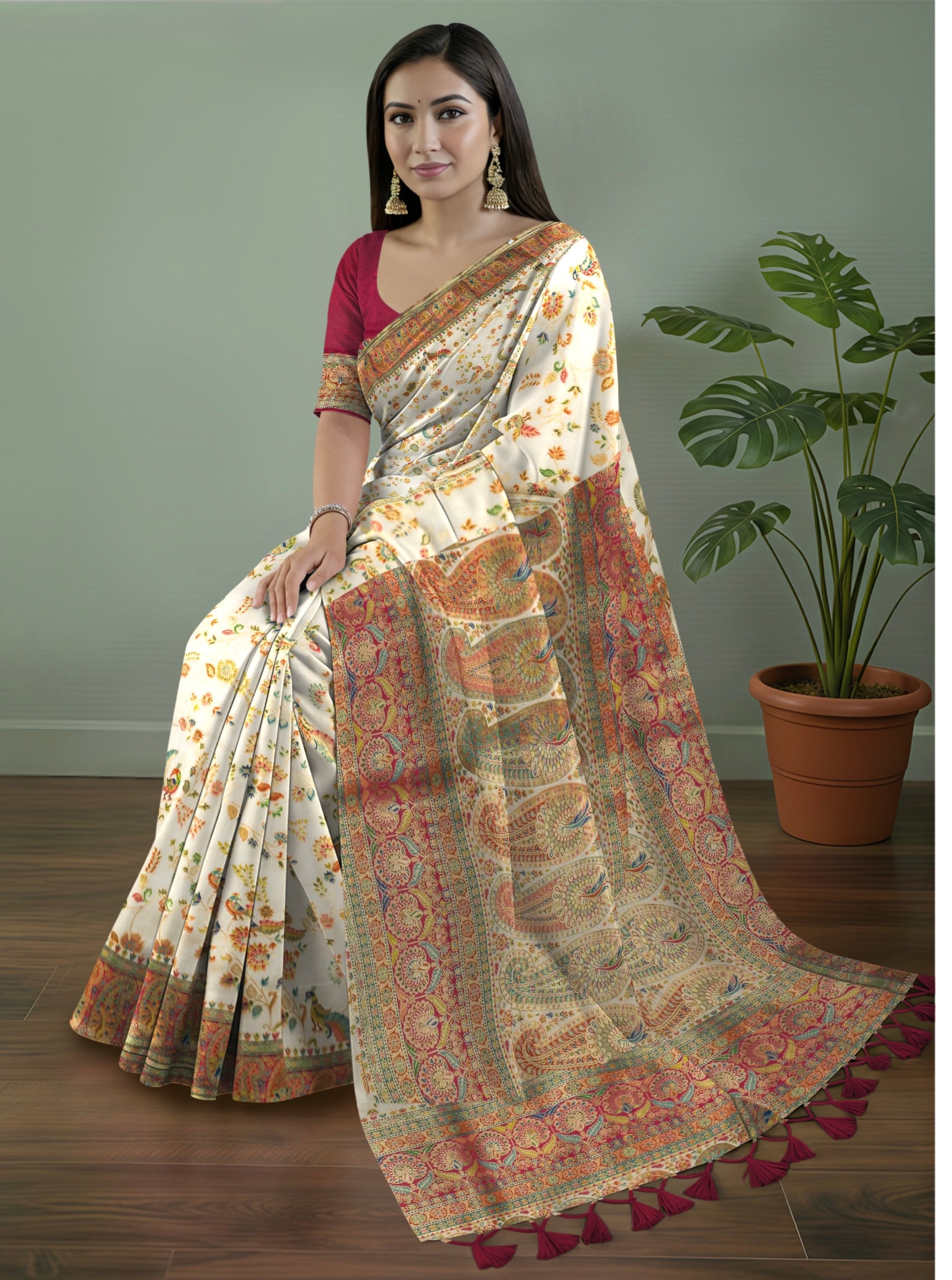 Pure Rajwada Silk Saree in Beige with Royal Animal & Palace Weaving