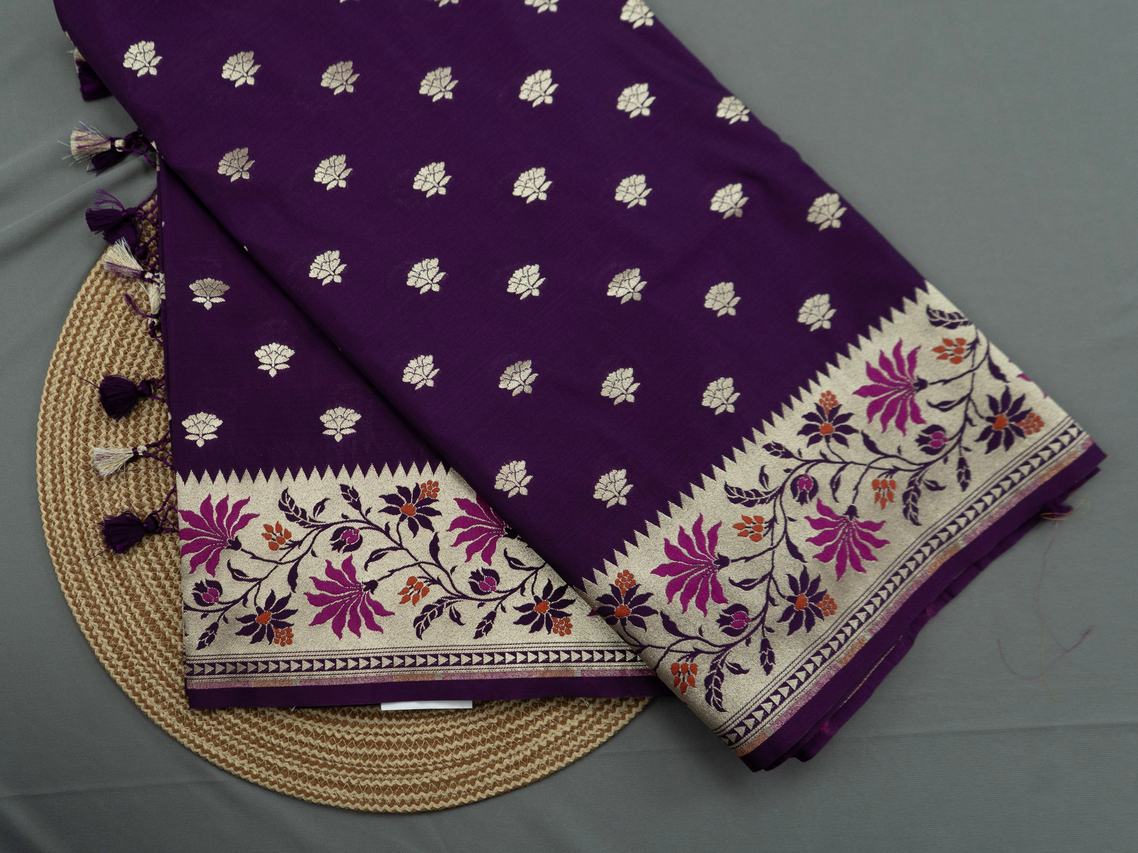 Pure Banarasi Katan Silk Saree in Deep Violet with Multicolor Floral Zari & Rich Zari Pallu