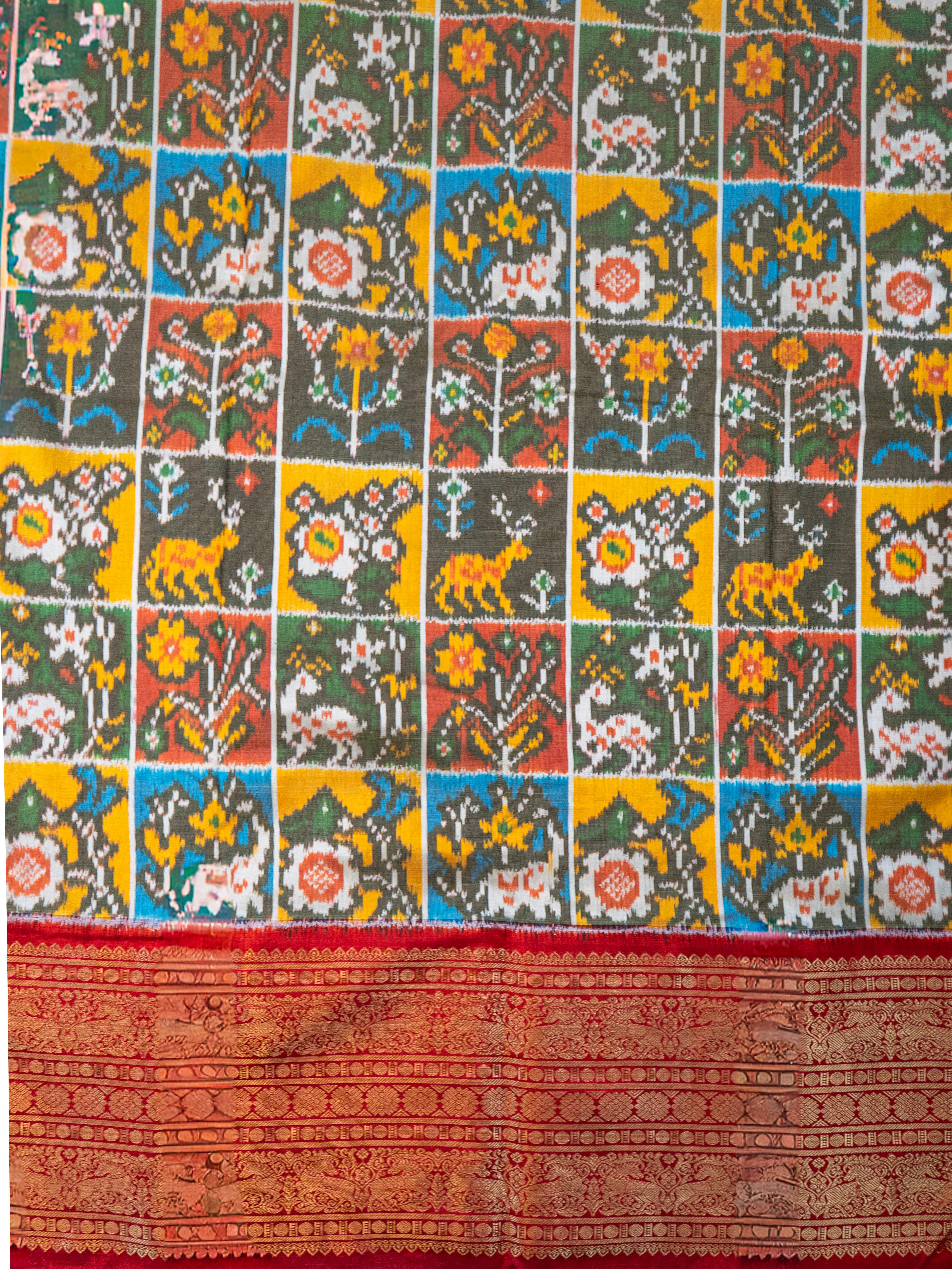 Pure Pochampally Double Ikat Silk Saree with Kanjivaram Border, Deep Red Designer Pallu