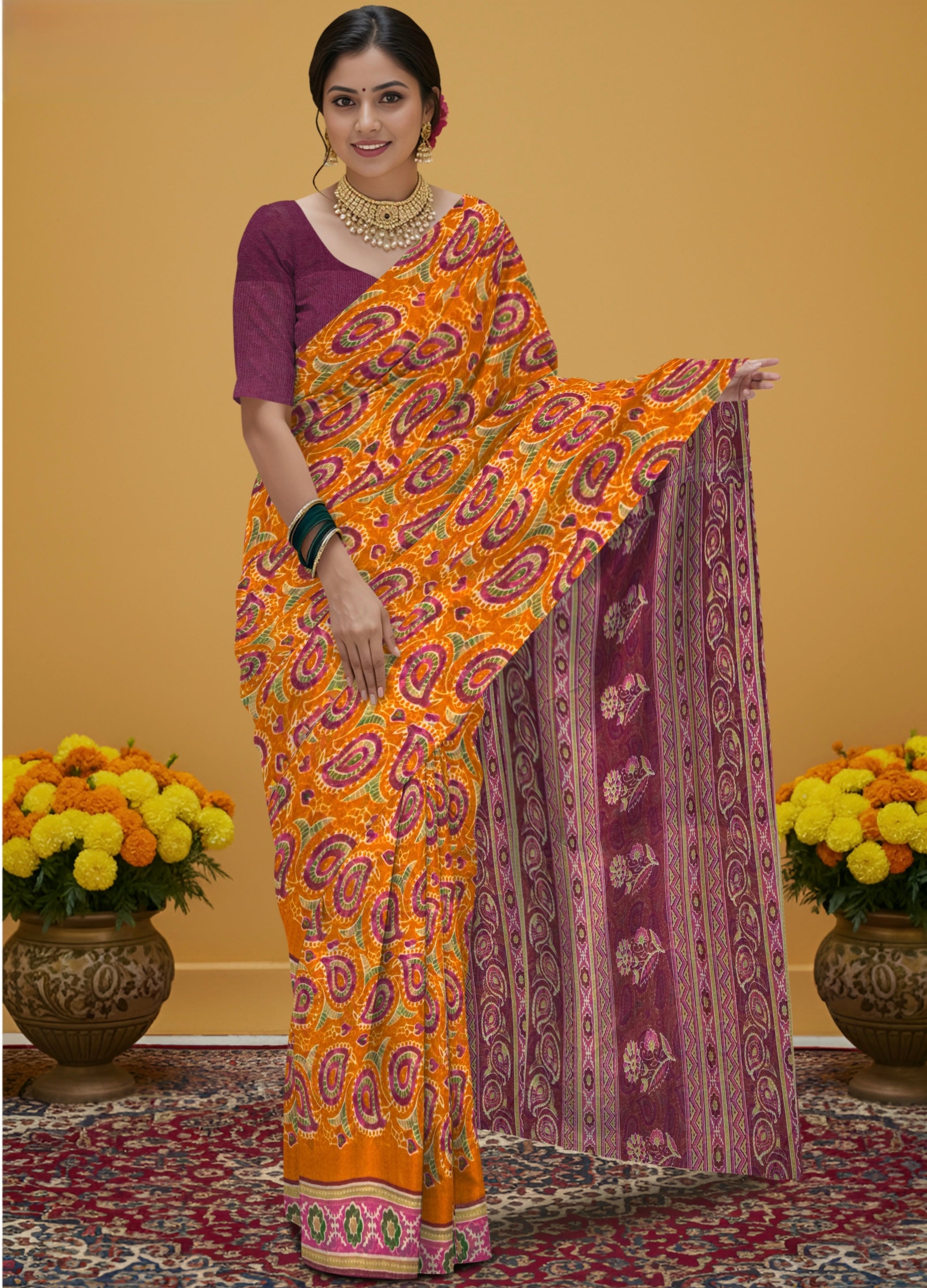 Kalamkari Indo cotton with contrast blouse