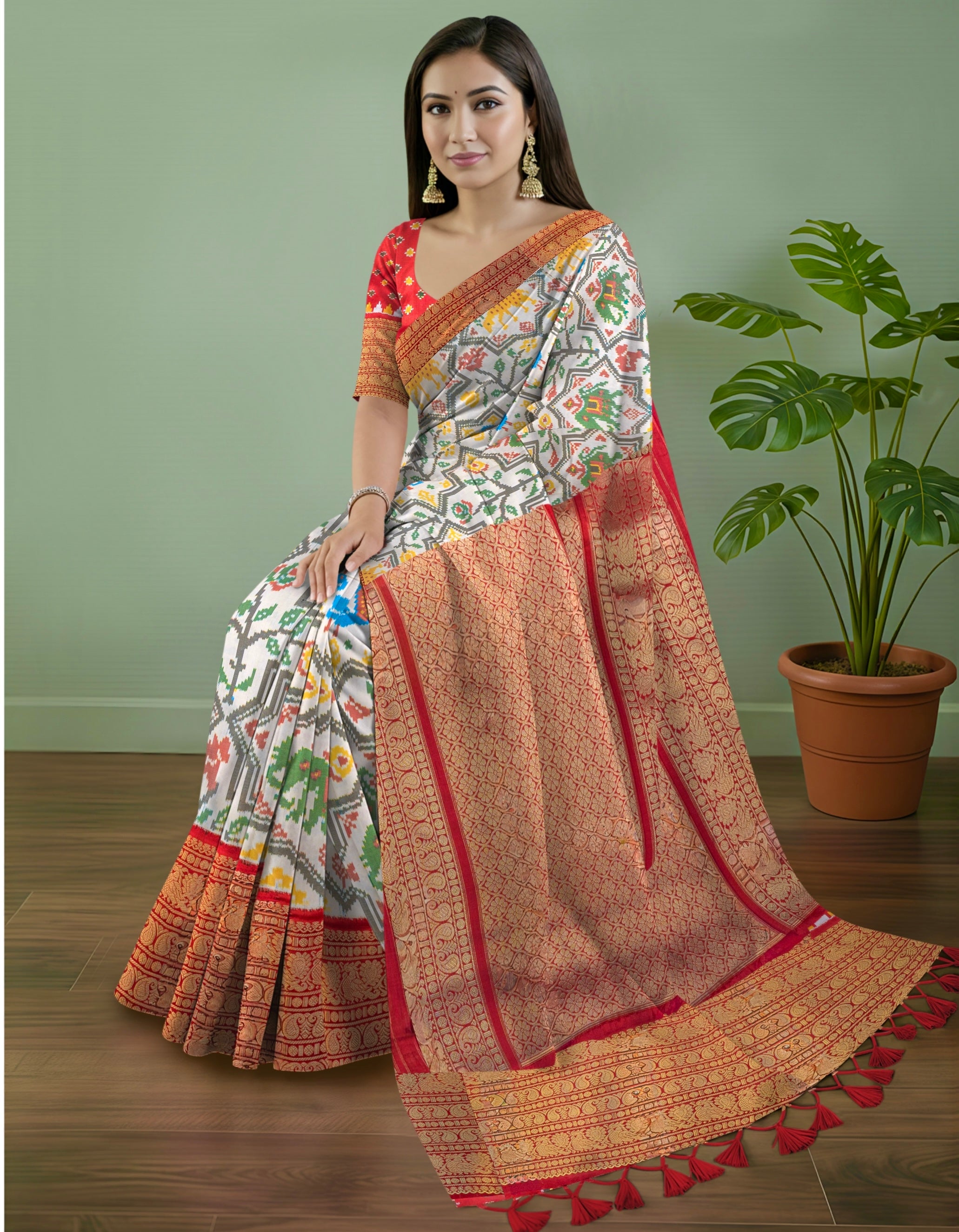 Signature Kanchipuram Pochampally Double Ikat Silk Saree in White with Red Zari Pallu