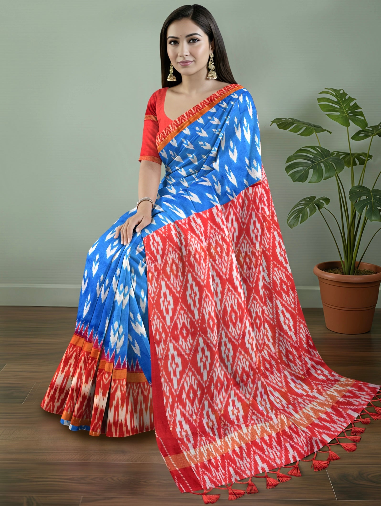 Pure Pochampally Double Ikat Blue Silk Saree with Red Ikat & Golden Zari pallu and border
