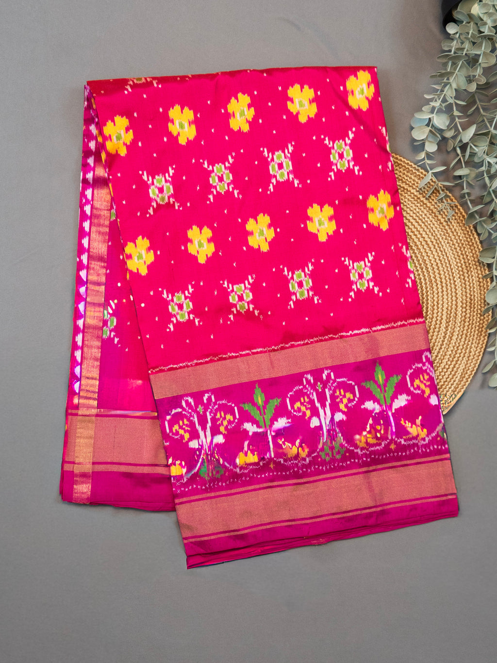 Premium Pure Pochampally Double Ikat Silk Saree in Deep Pink with All-Over Ikat & Zari