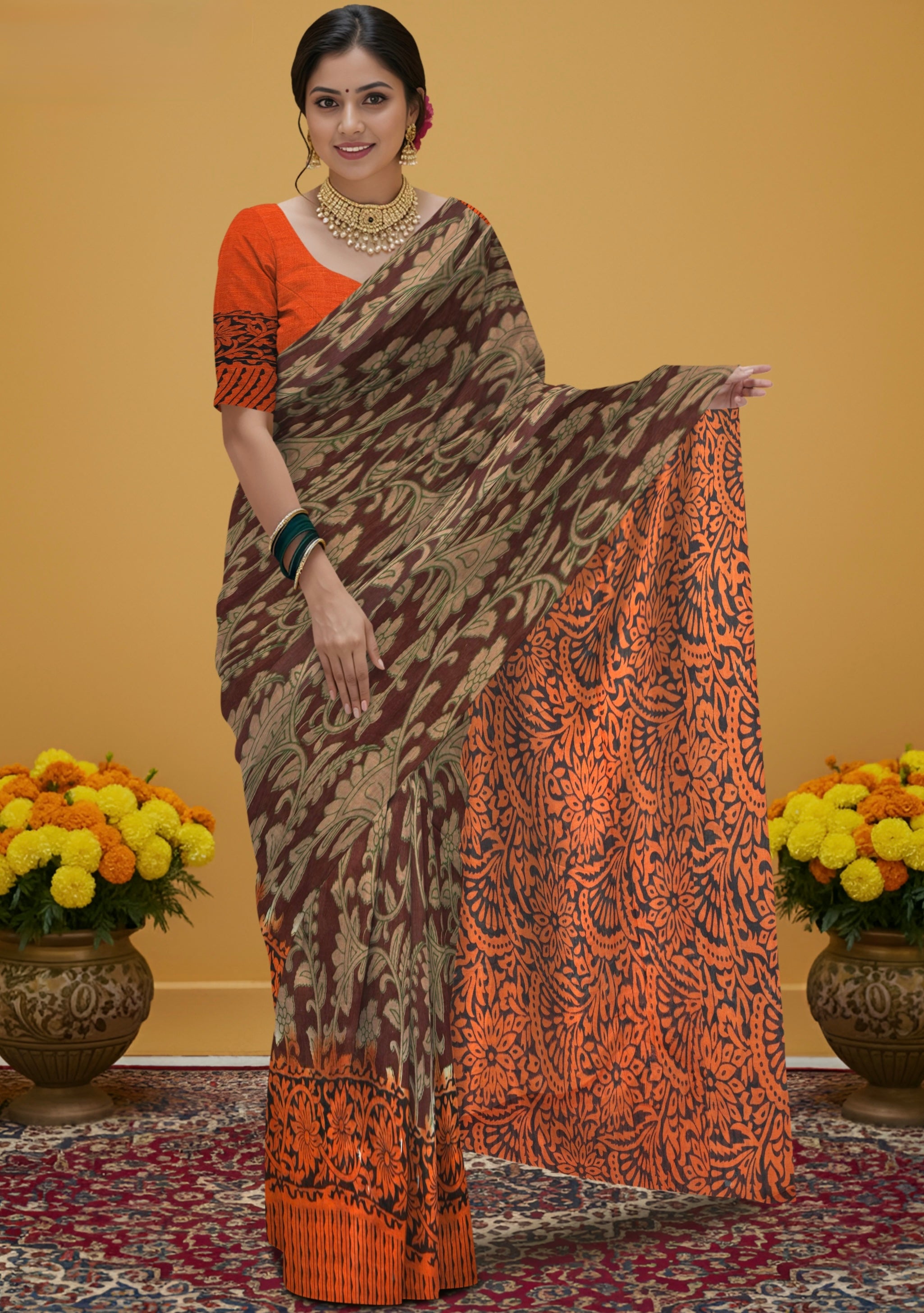 Kalamkari Floral Print Saree with Contrast Kalamkari Pallu & Border