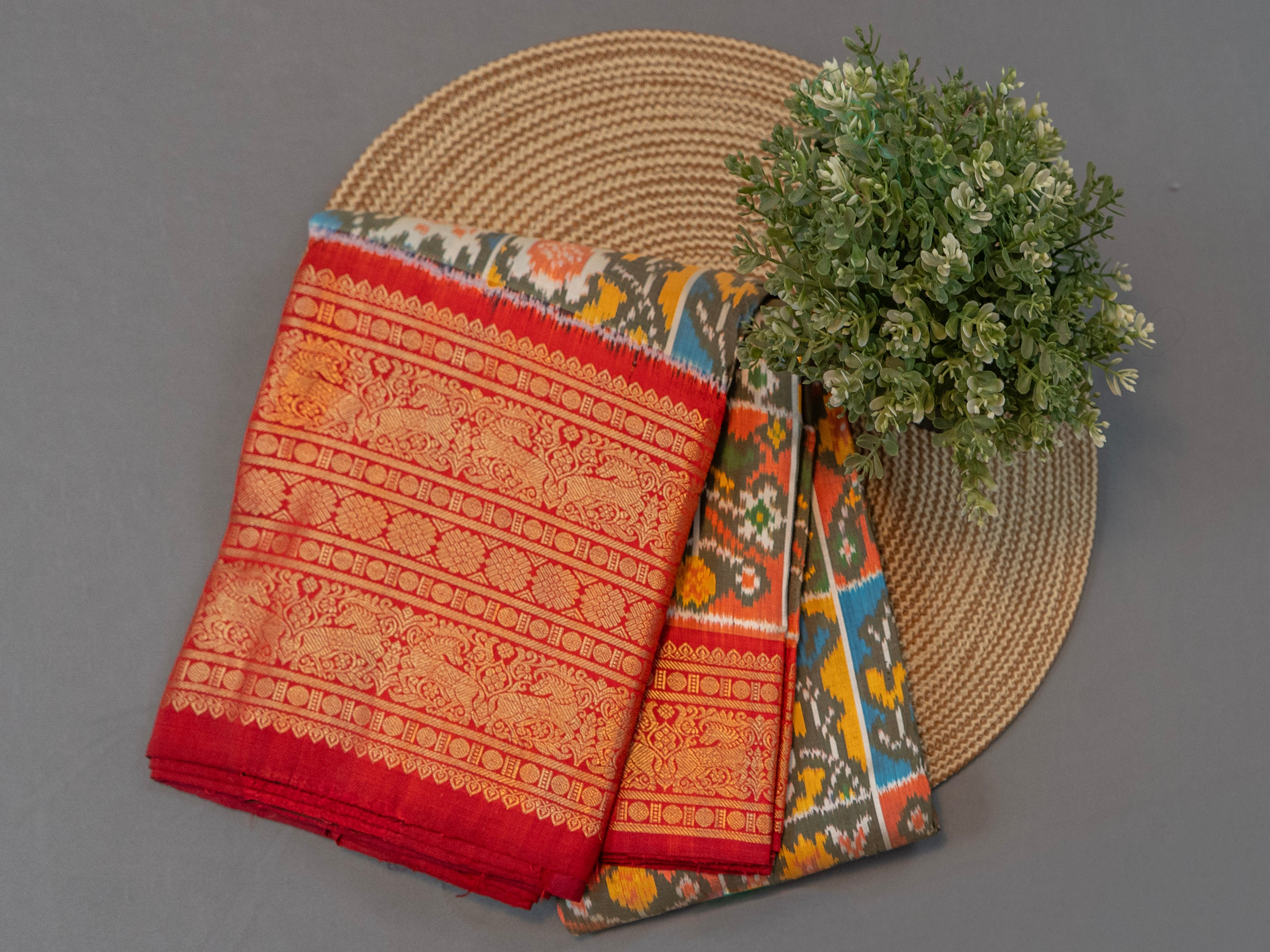 Pure Pochampally Double Ikat Silk Saree with Kanjivaram Border, Deep Red Designer Pallu