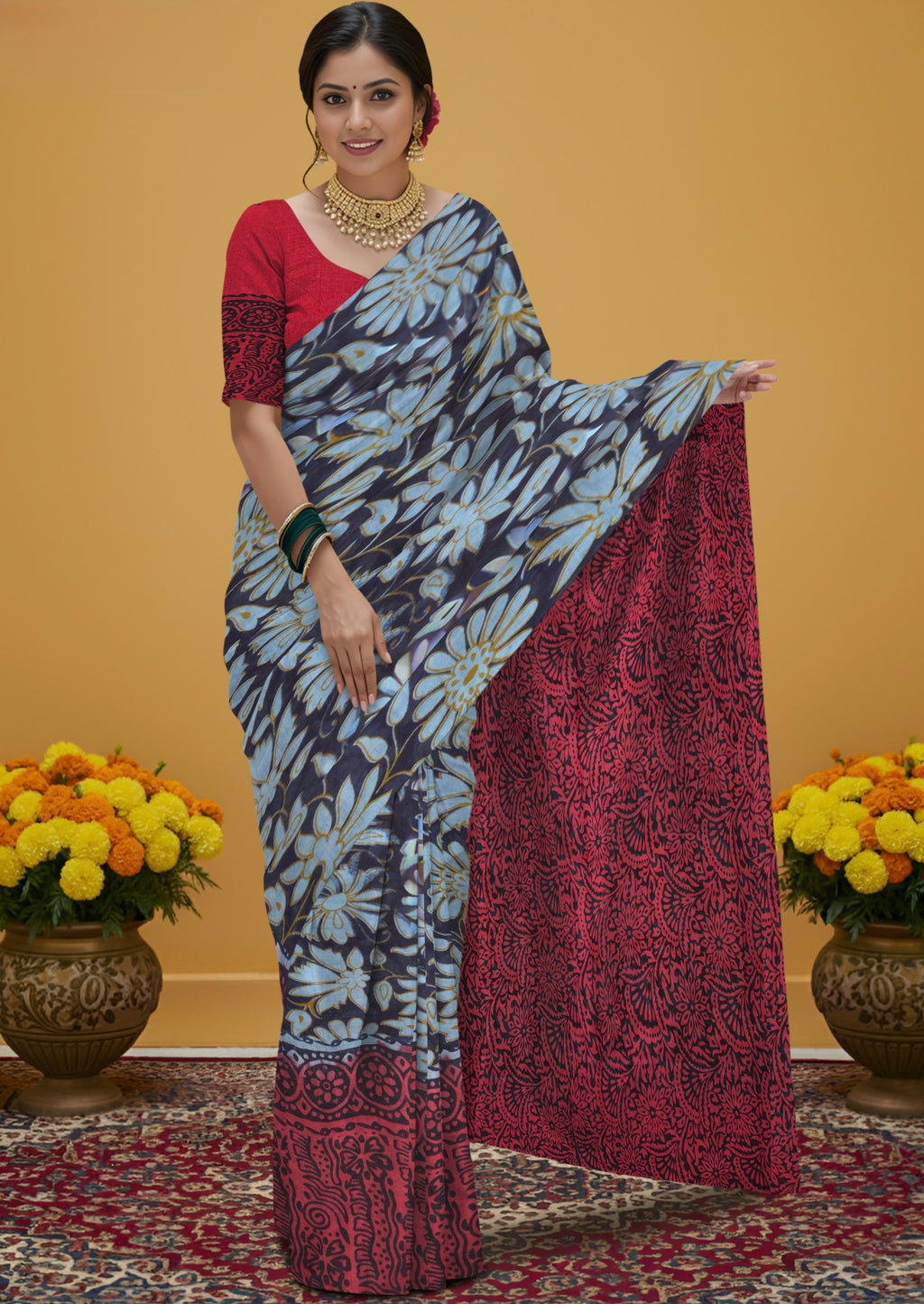 Kalamkari Floral Print Saree with Contrast Kalamkari Pallu & Border