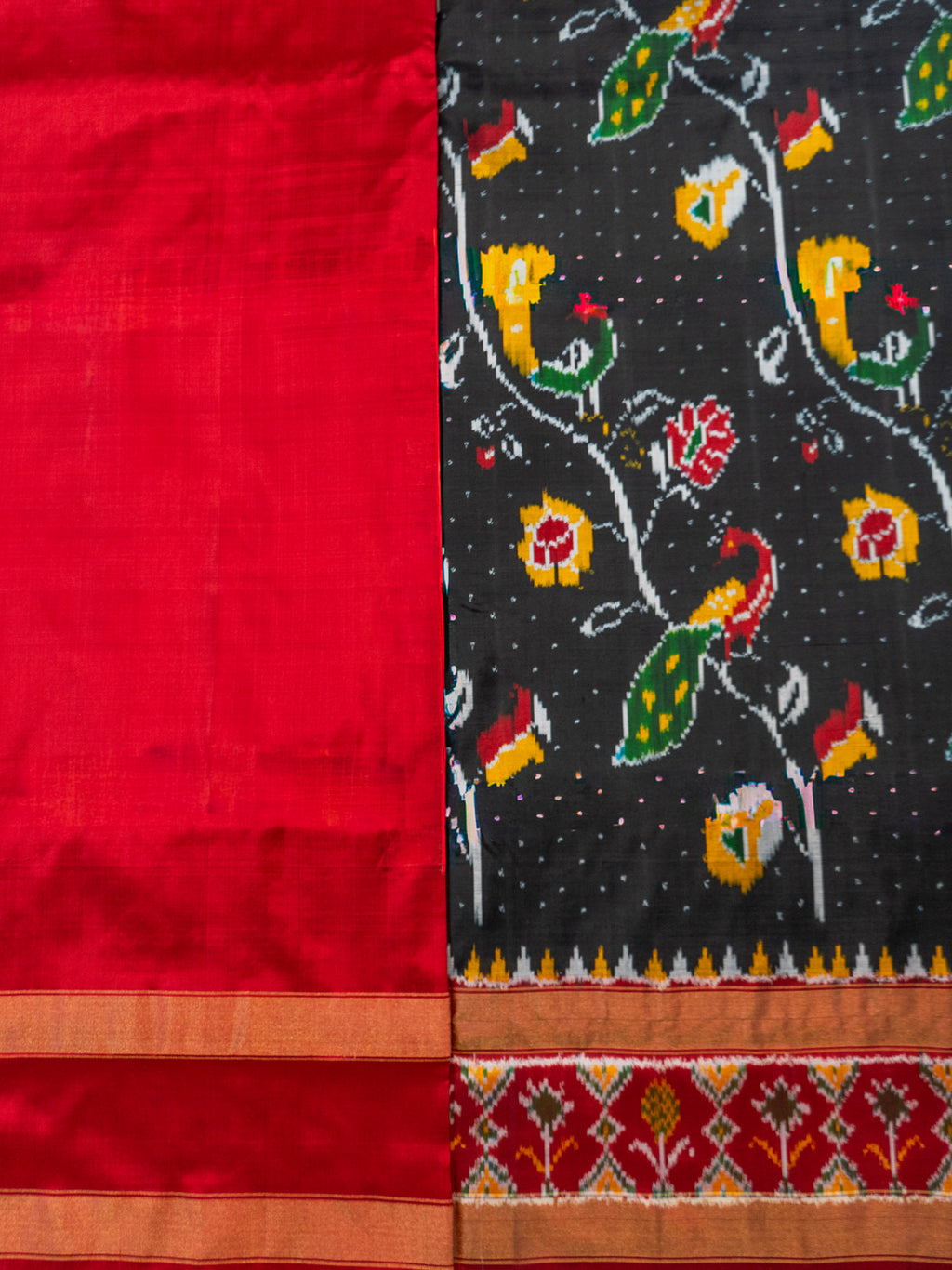 Pure Pochampally Ikat Silk Saree in Black with Animal Motif Weaving & Red Blouse