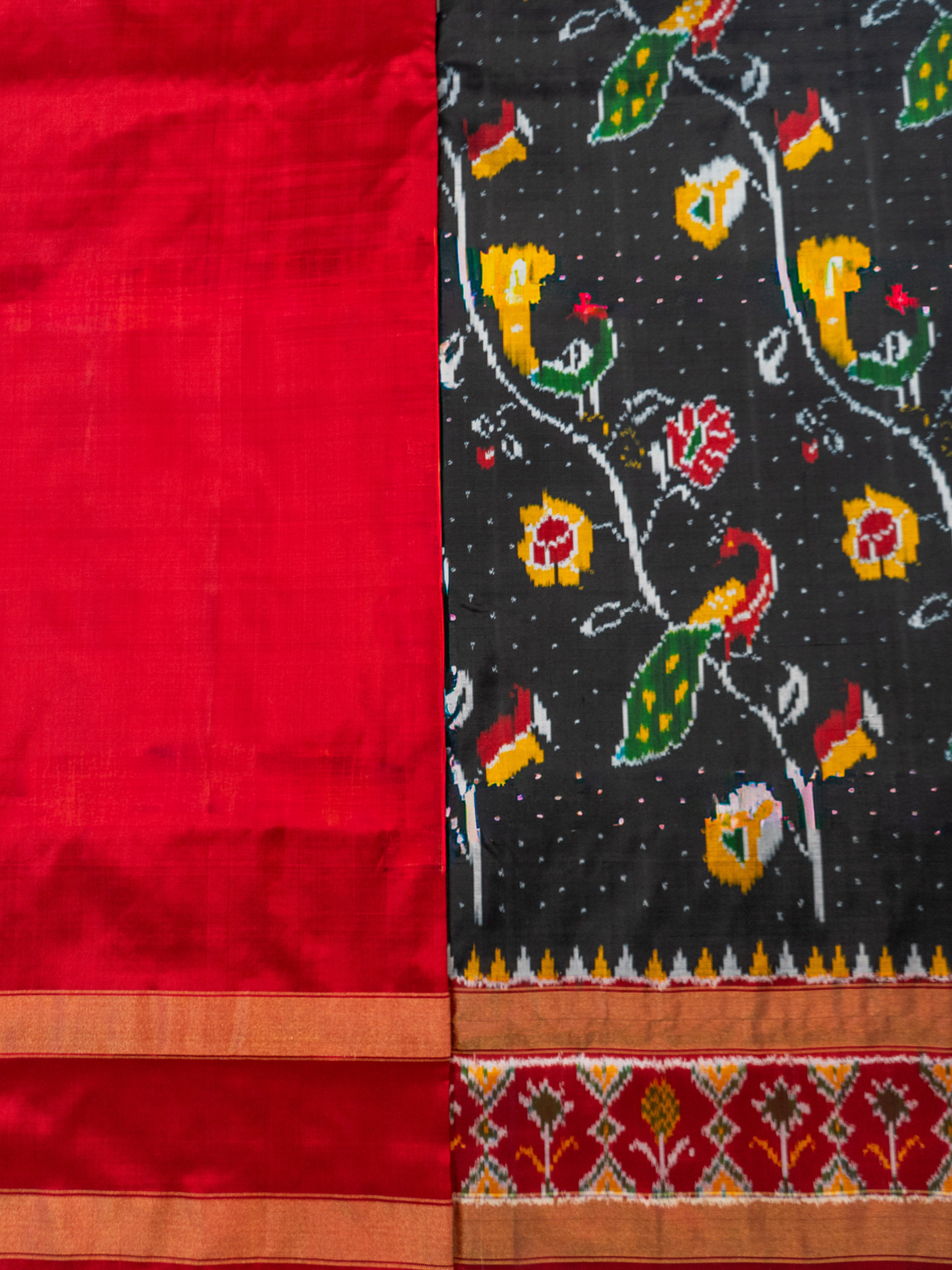 Pure Pochampally Ikat Silk Saree in Black with Animal Motif Weaving & Red Blouse