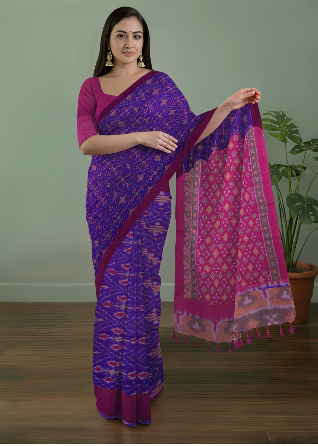 Pure Pochampally Cotton Silk Saree in Purple with Pink Ikat Pallu