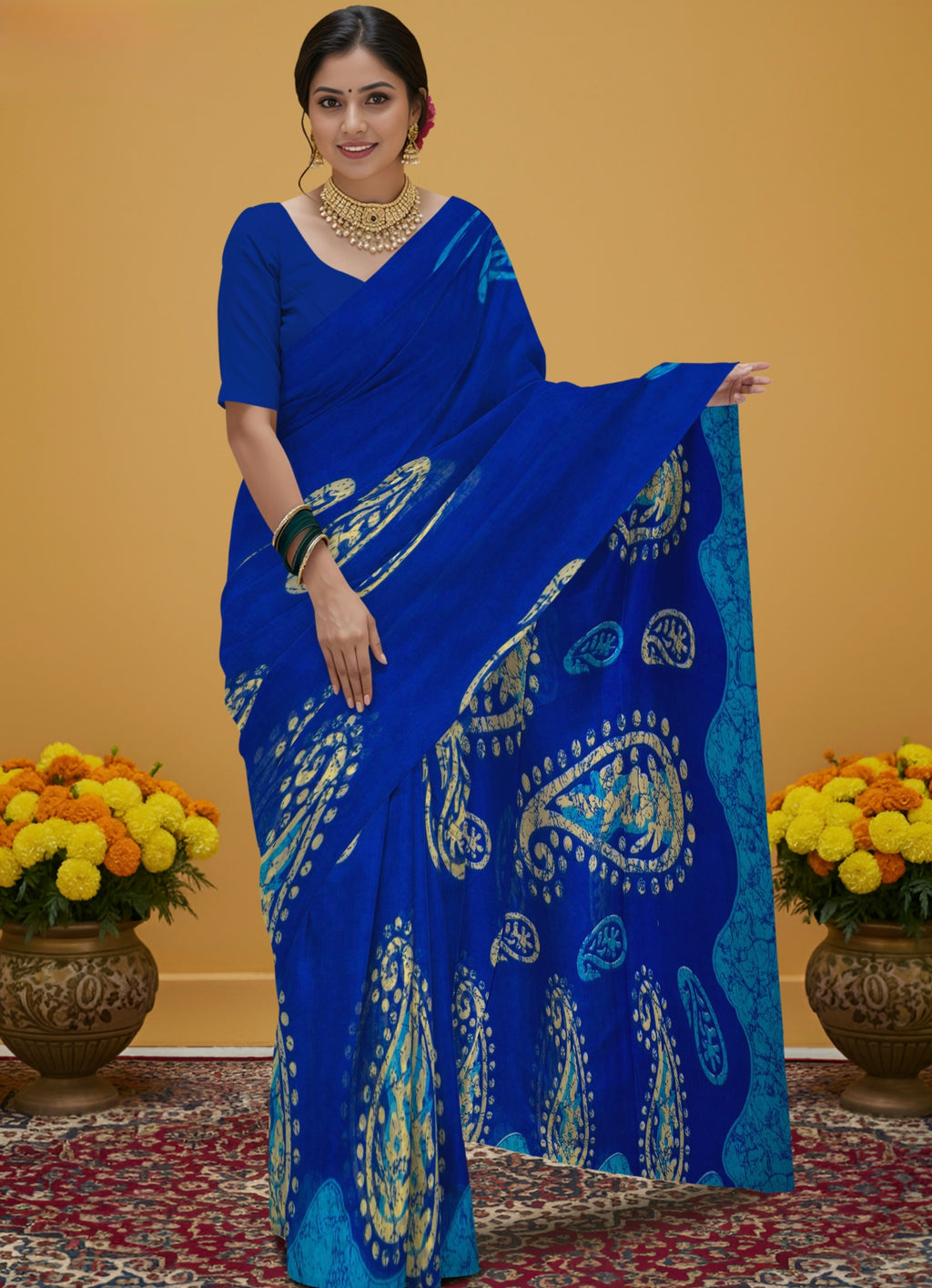 Hand Batik Print Cotton Saree in Deep Blue Color