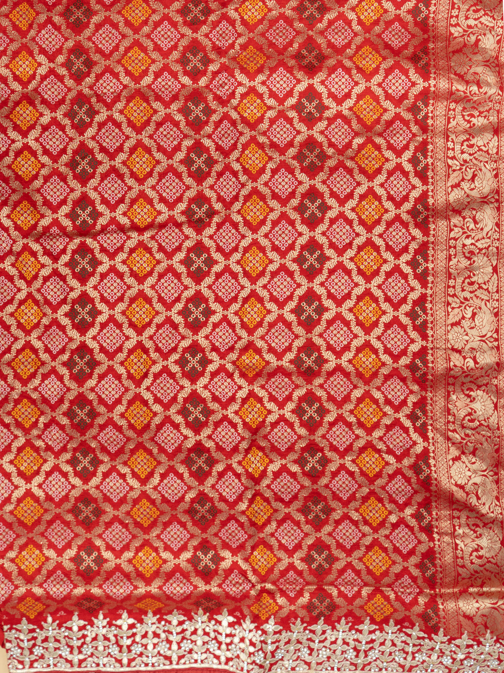 Pure Rajwada Silk Saree in Deep Red with Bandhej Weaving & Silver Zari Border