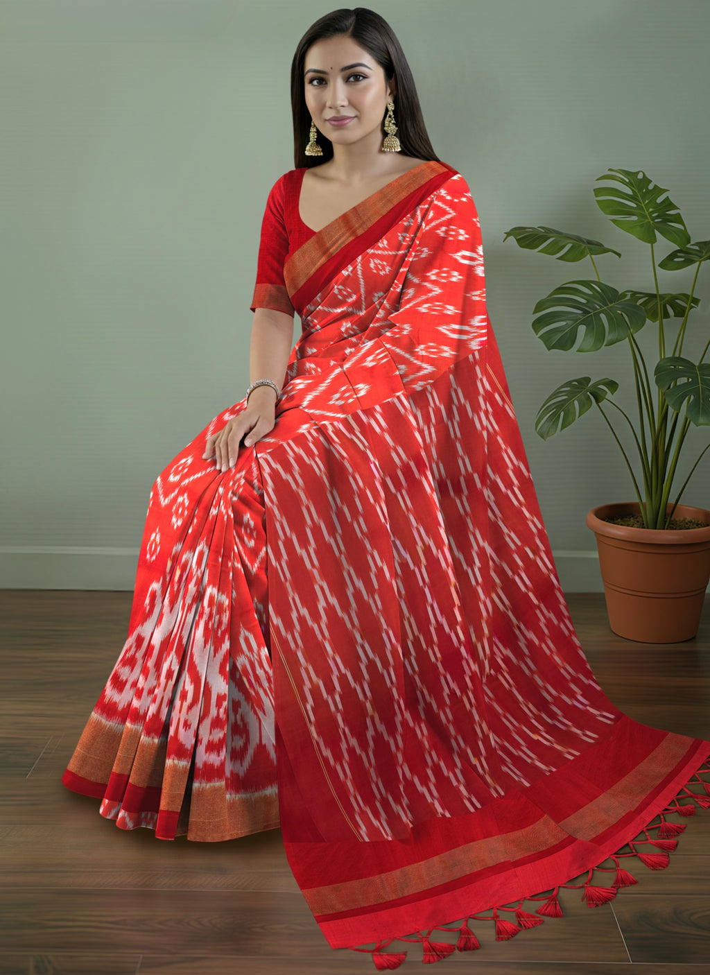 Pure Pochampally Double Ikat Red Silk Saree with Ikat Pallu & Golden Zari Blouse