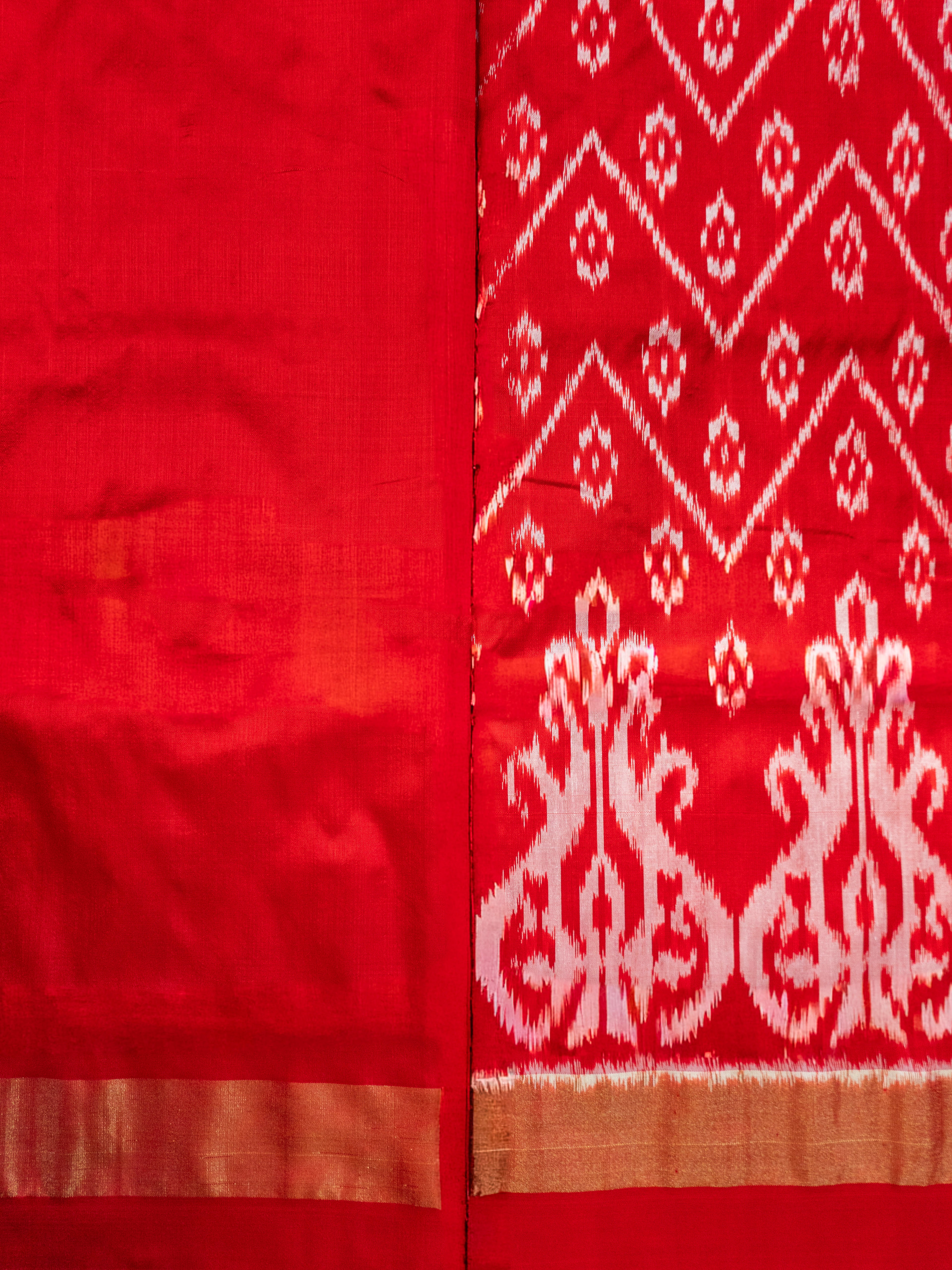 Pure Pochampally Double Ikat Red Silk Saree with Ikat Pallu & Golden Zari Blouse
