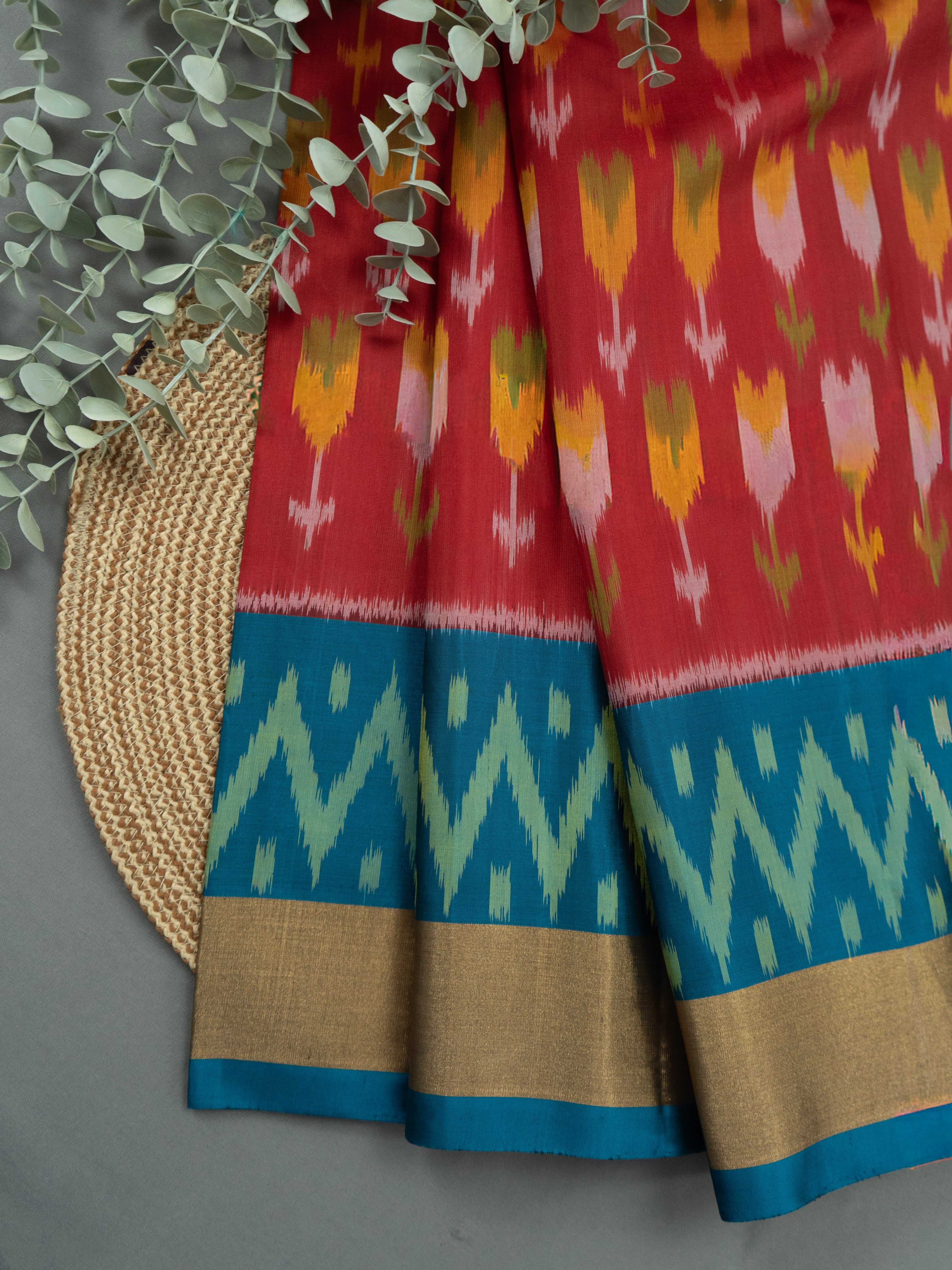 Pure Pochampally Silk Saree in Red with Lotus Ikat Weaving & Contrast Blue Ikat Pallu