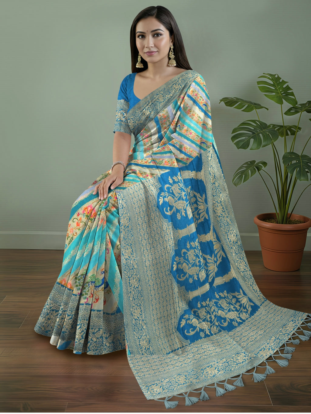 Pure Rajwada Silk Saree in Blue-Green with Peacock Motifs & Royal Palace Zari Pallu