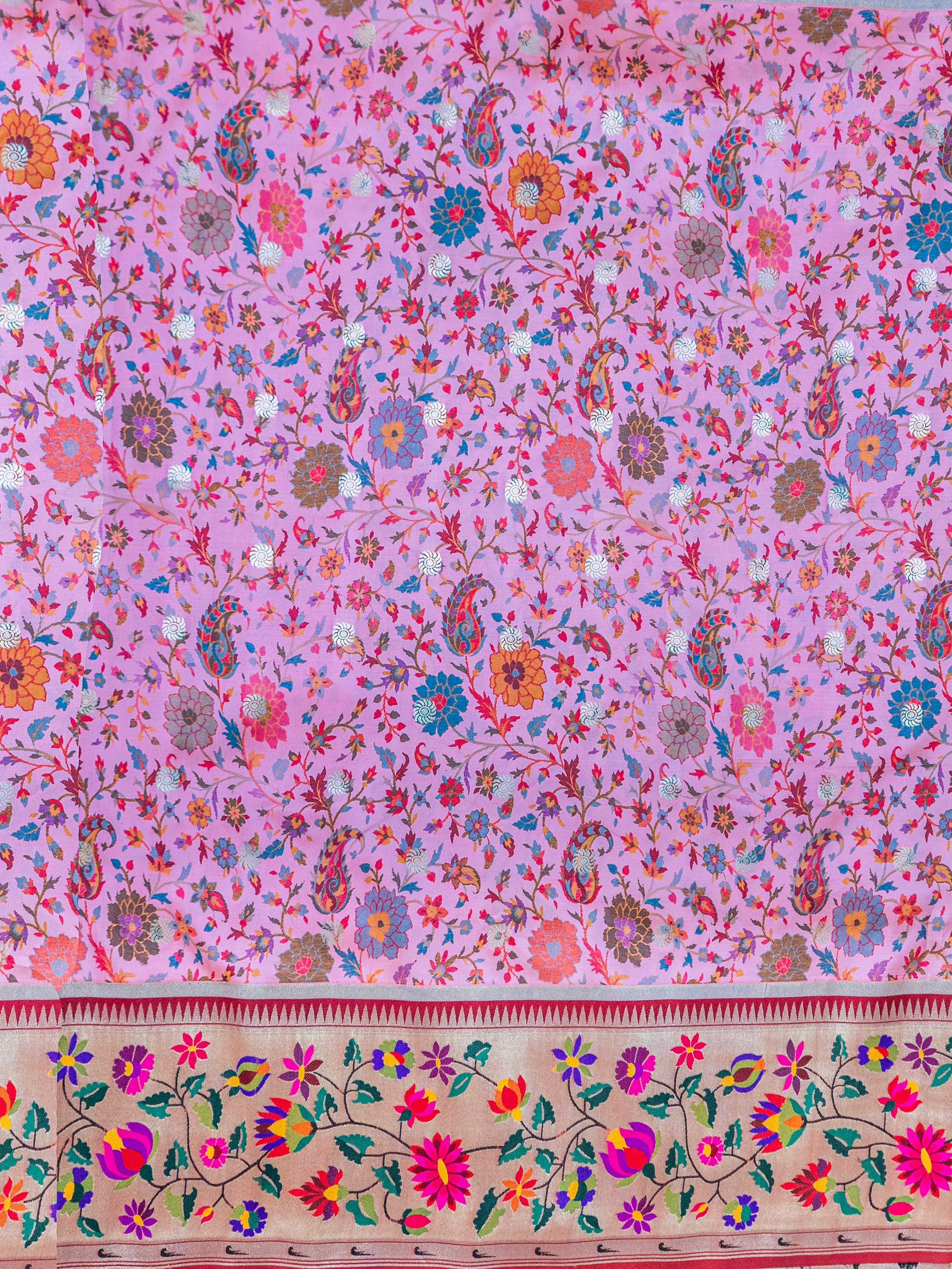 Pure Maharashtrian Patni Silk Saree in Pink with Floral Print & Silver Zari Pallu