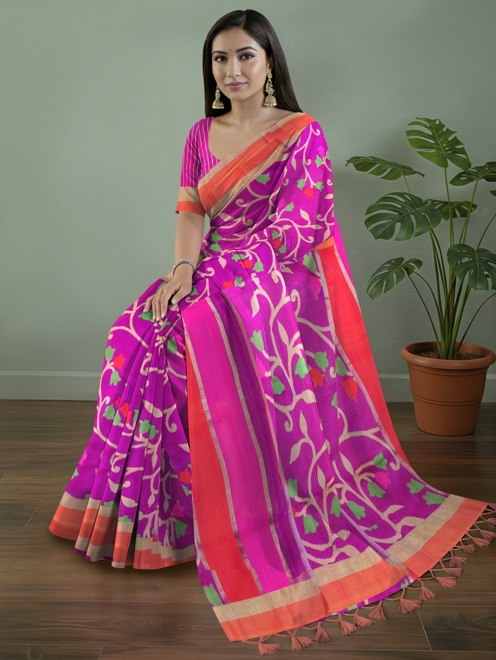 Pure Uppada Handloom Silk Saree in Pink with Floral Weaving & Elegant Line Pallu