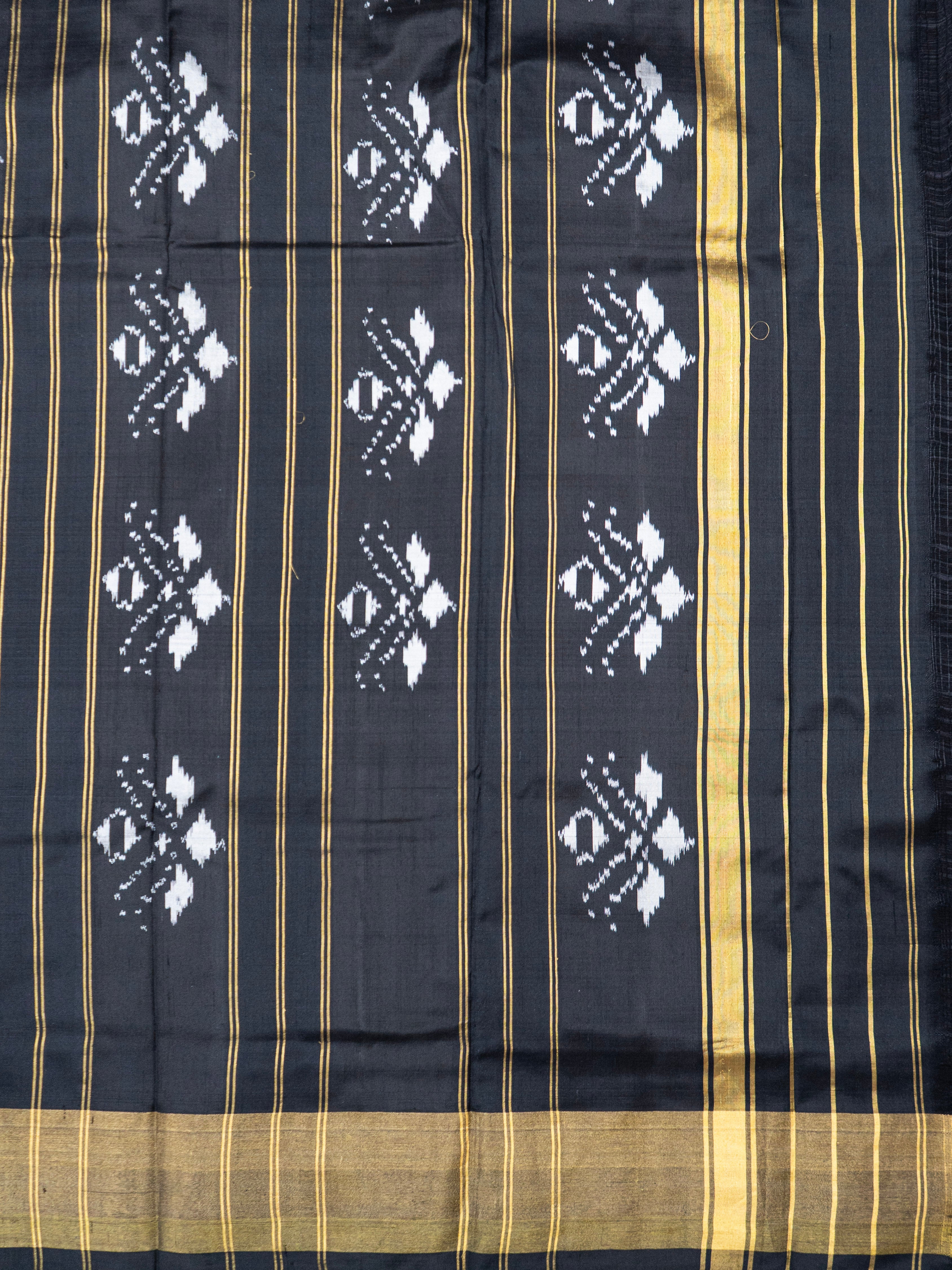 Pure Pochampally Double Ikat Pink Silk Saree with Black Designer Ikat Pallu & Gold Zari Border