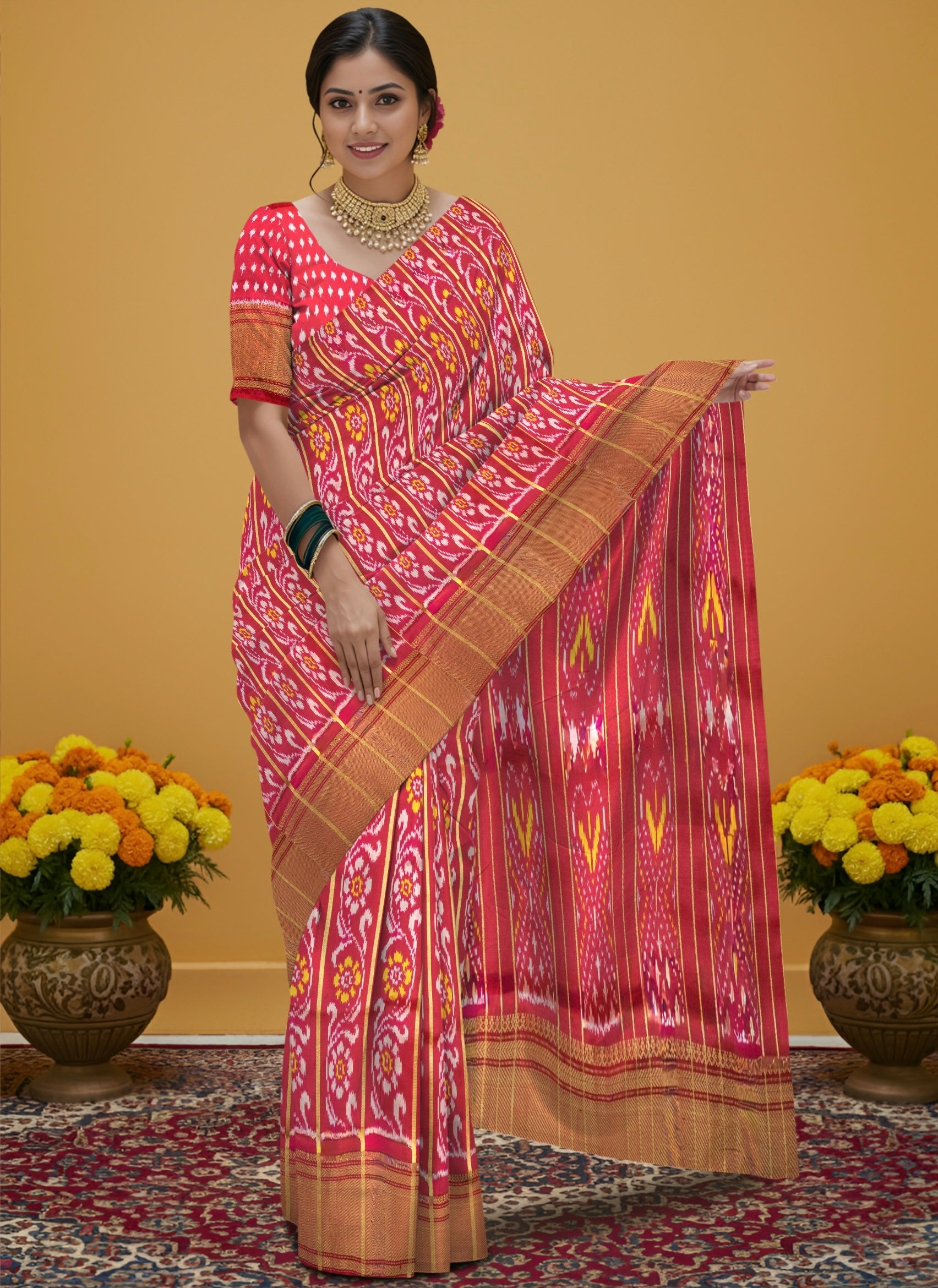 Pure Pochampally Double Ikat Silk Saree in Deep Red with Multicolour Ikat & Gold Zari
