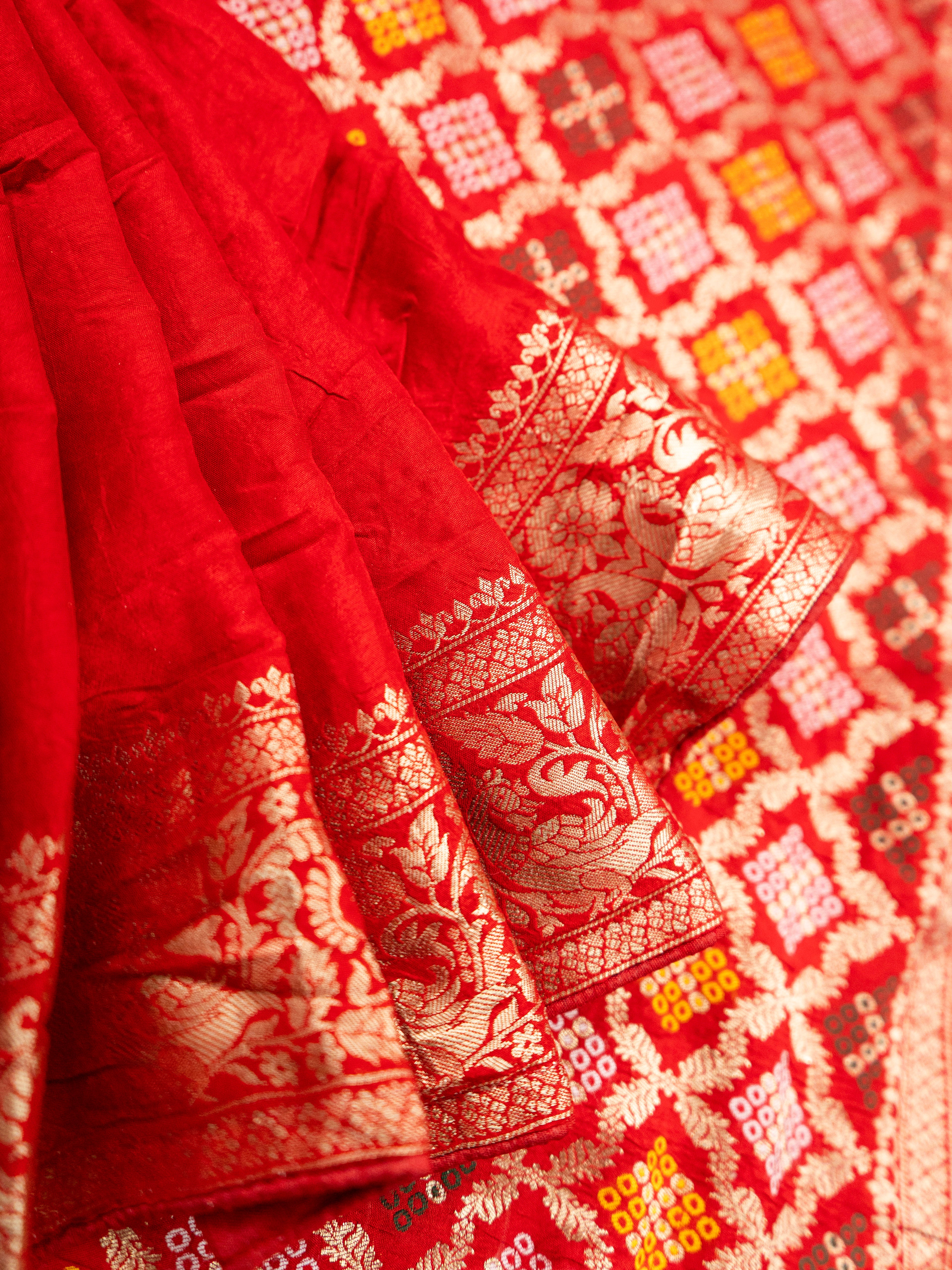 Pure Rajwada Silk Saree in Deep Red with Bandhej Weaving & Silver Zari Border