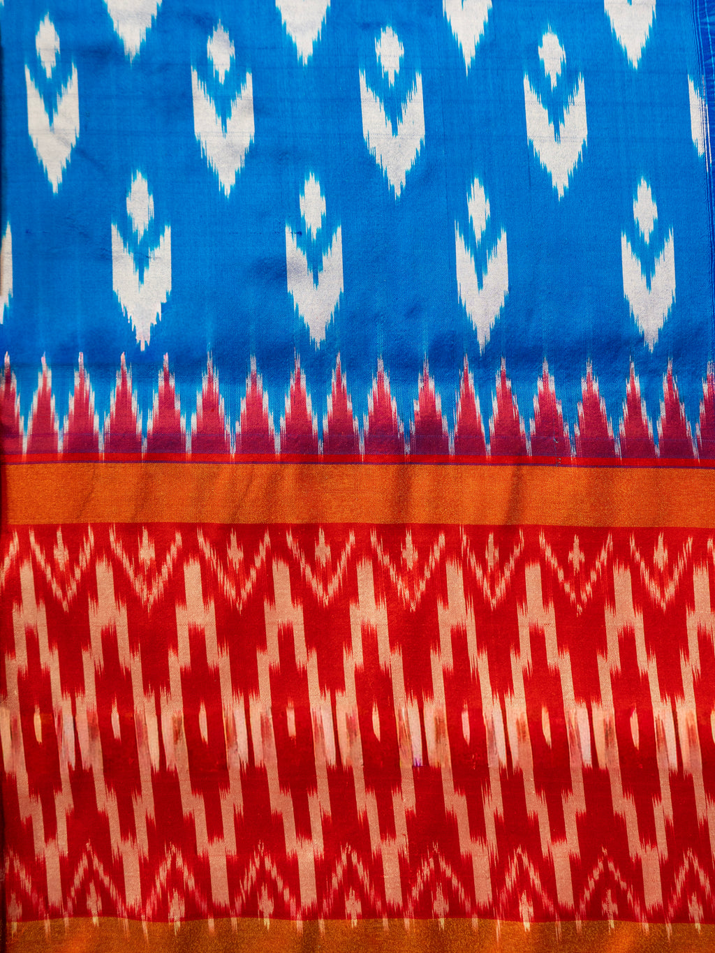 Pure Pochampally Double Ikat Blue Silk Saree with Red Ikat & Golden Zari pallu and border