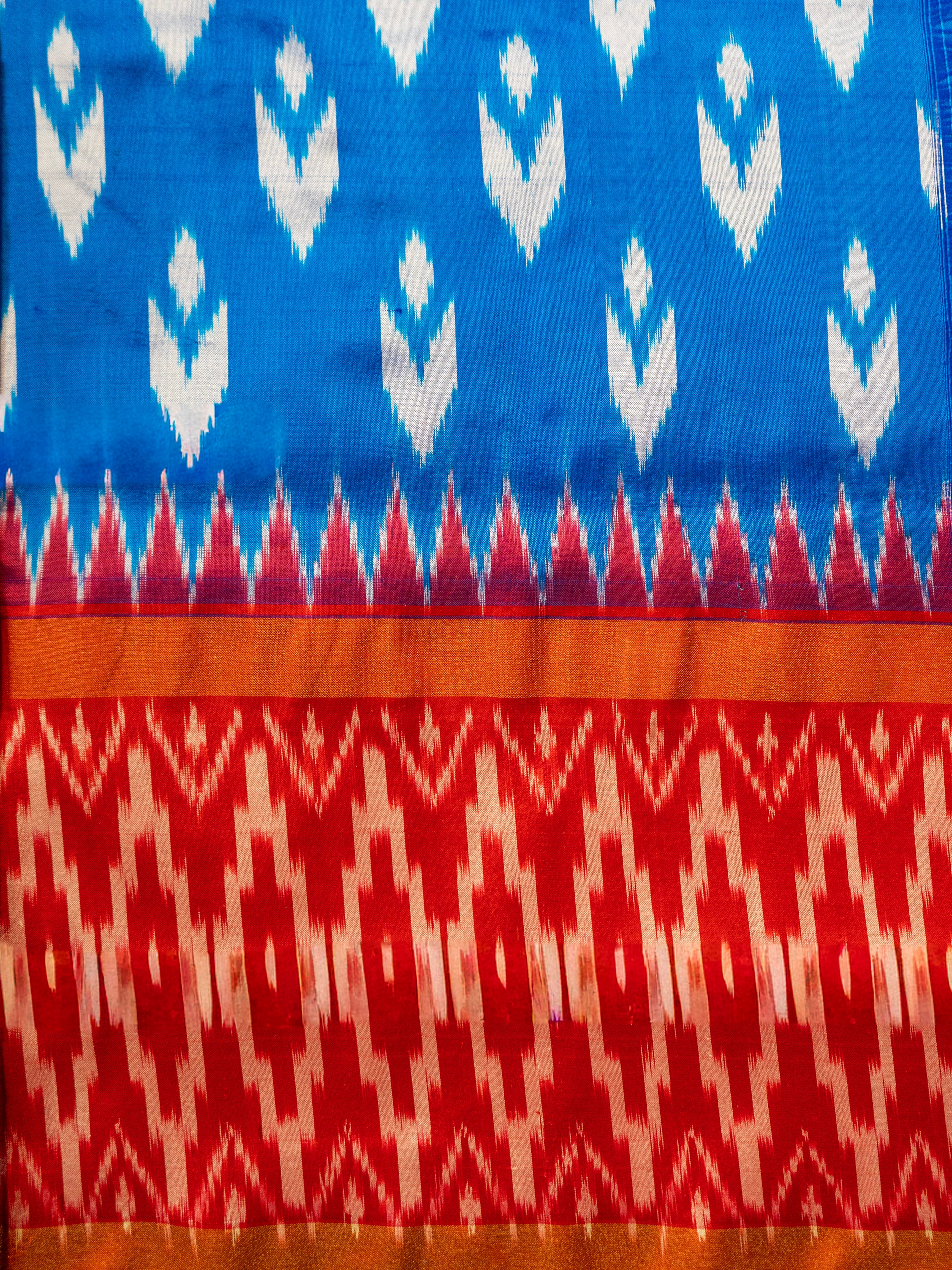 Pure Pochampally Double Ikat Blue Silk Saree with Red Ikat & Golden Zari pallu and border