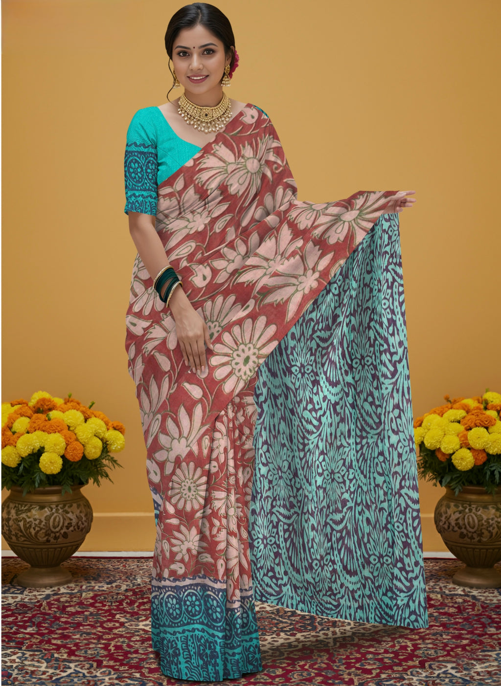 Kalamkari Floral Print Saree with Contrast Kalamkari Pallu & Border