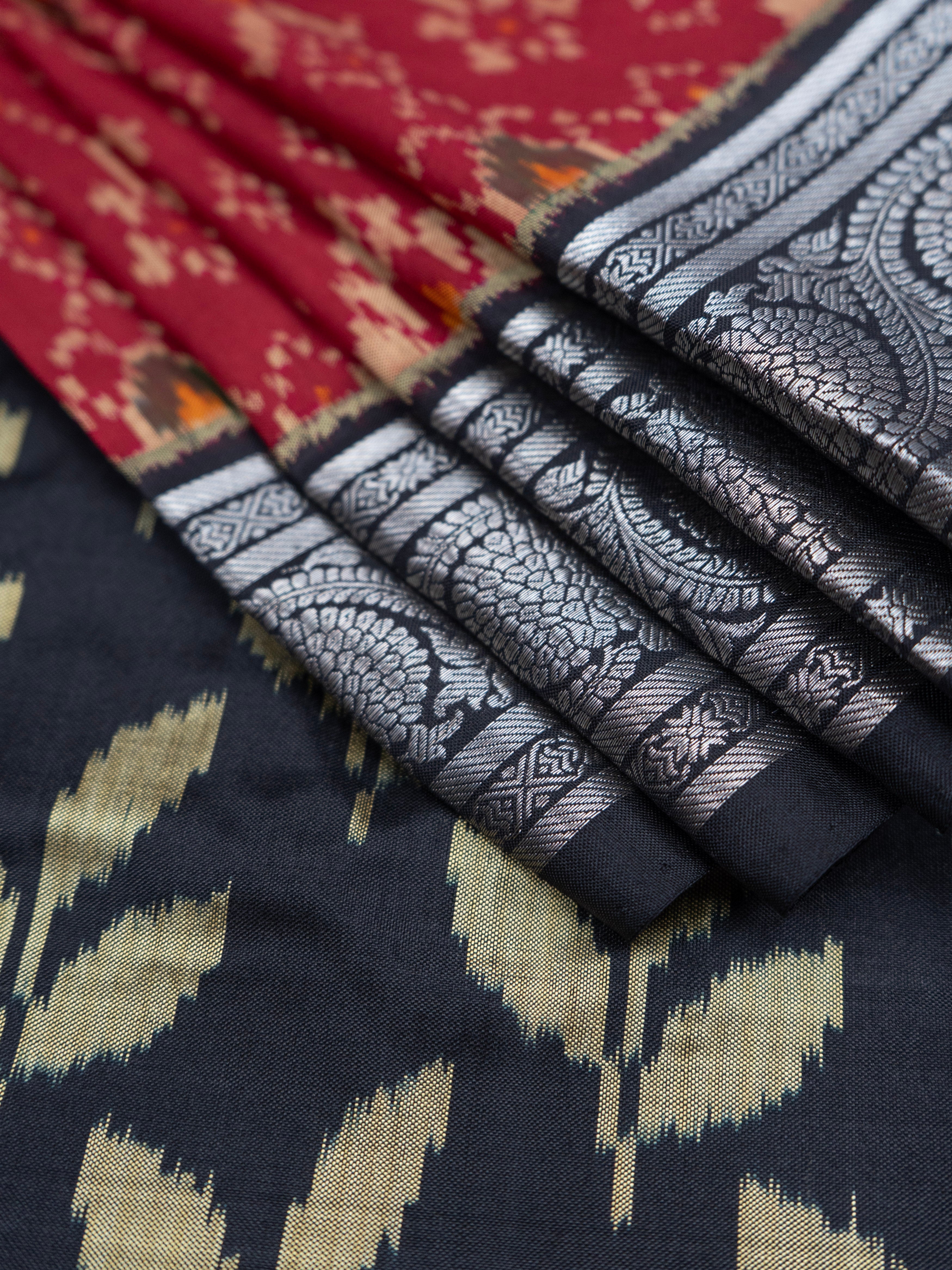 Pure Pochampally Silk Saree with Kanjeevaram Silver Zari Border & Black Silver Pallu