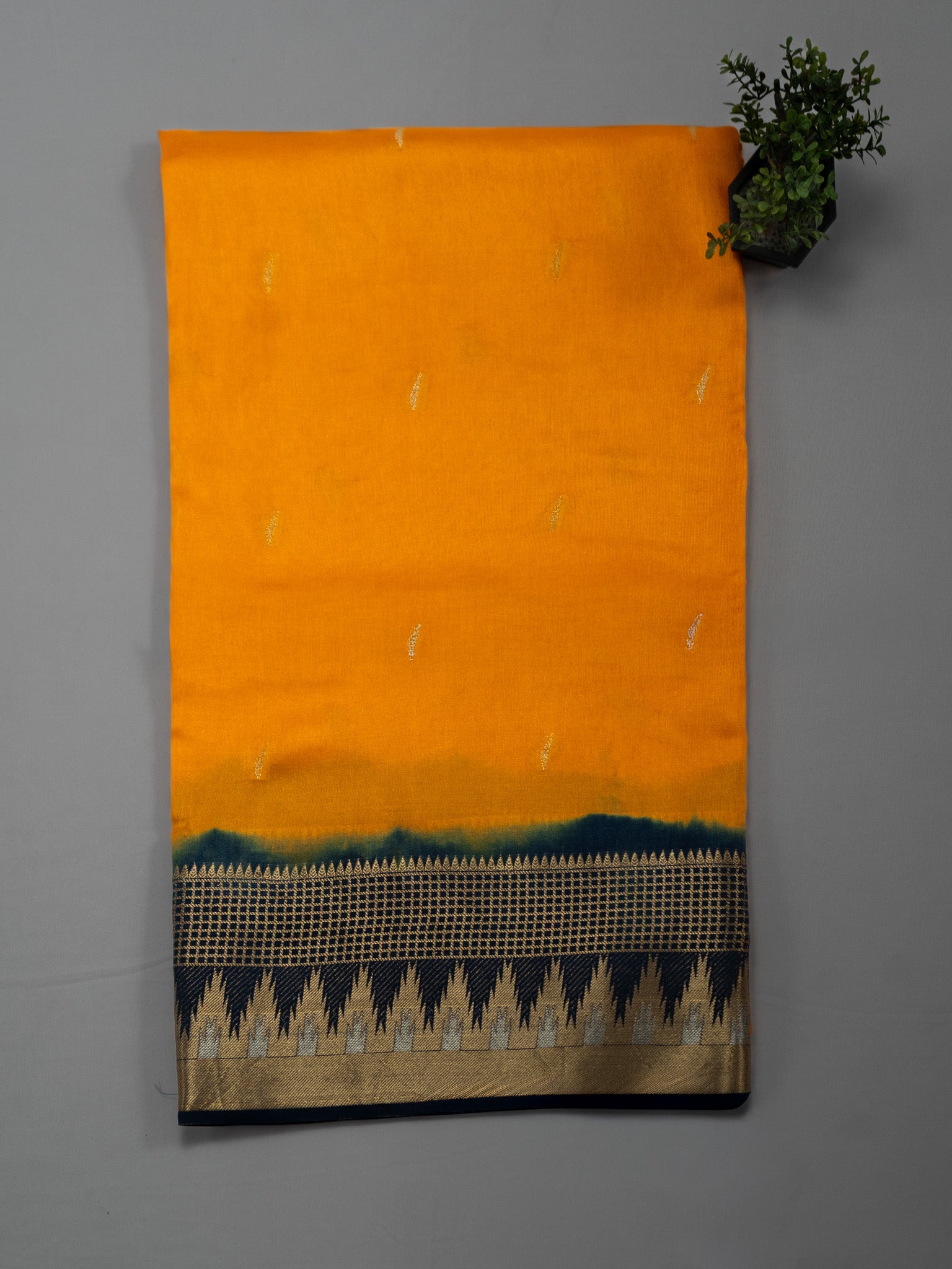 Mustard Weaving Silk Saree with Butta Design & Blue Contrast Pallu