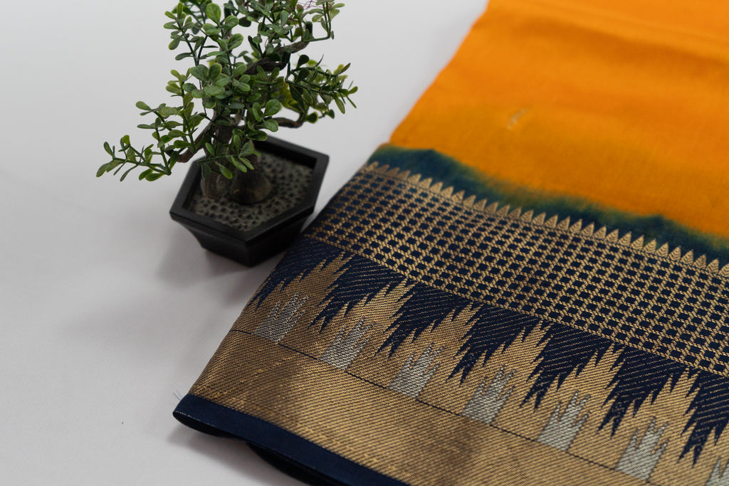 Mustard Weaving Silk Saree with Butta Design & Blue Contrast Pallu
