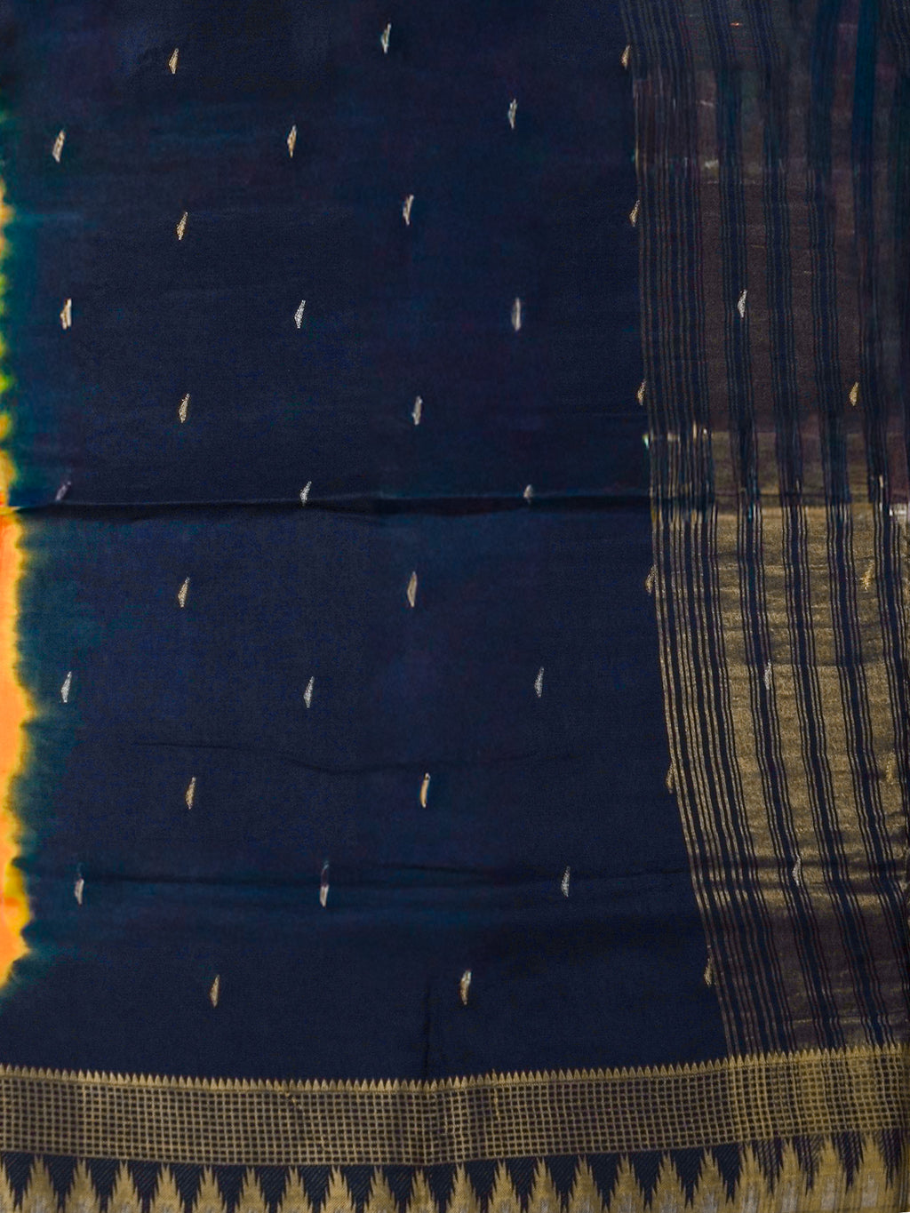 Mustard Weaving Silk Saree with Butta Design & Blue Contrast Pallu