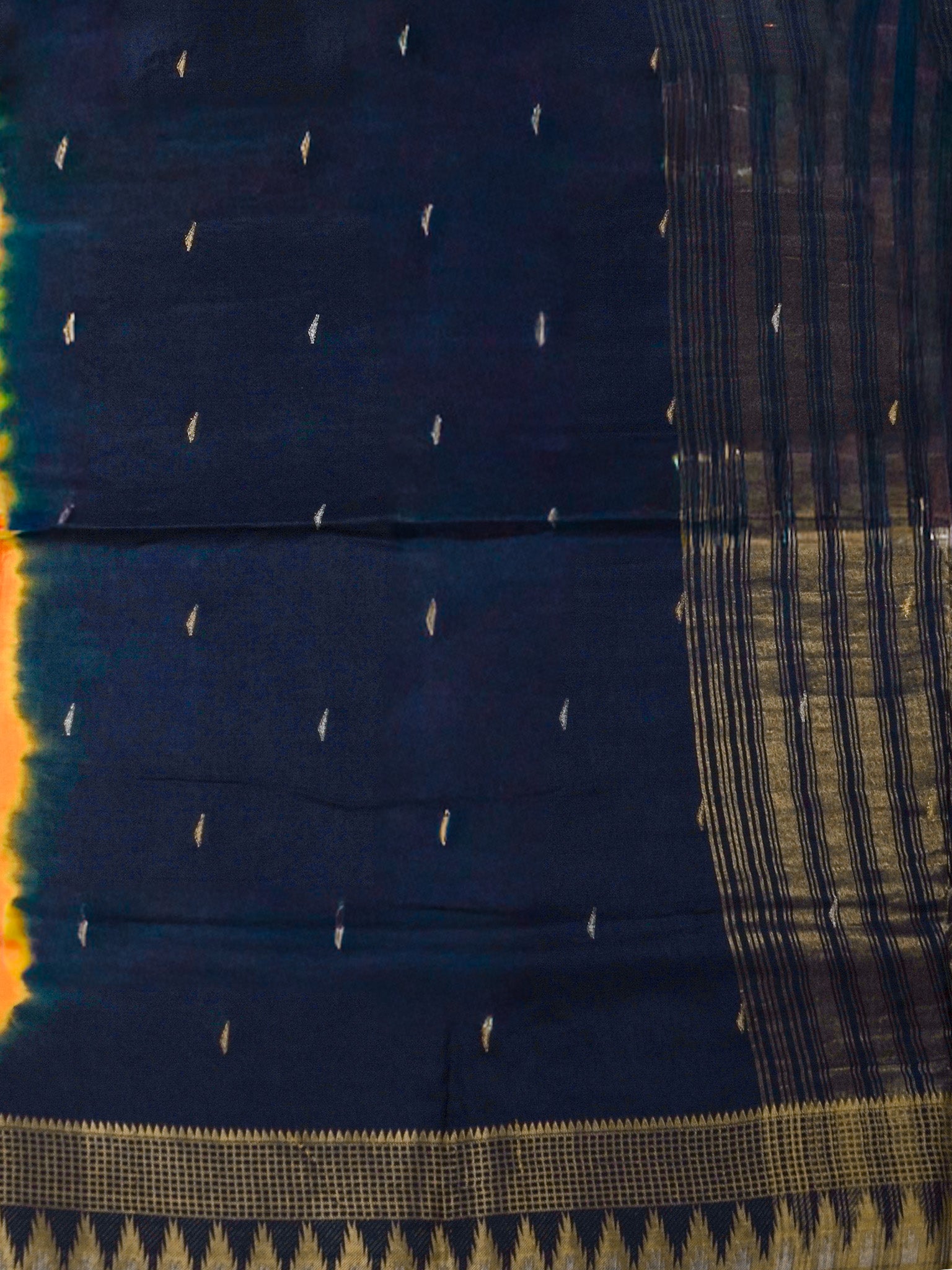 Mustard Weaving Silk Saree with Butta Design & Blue Contrast Pallu