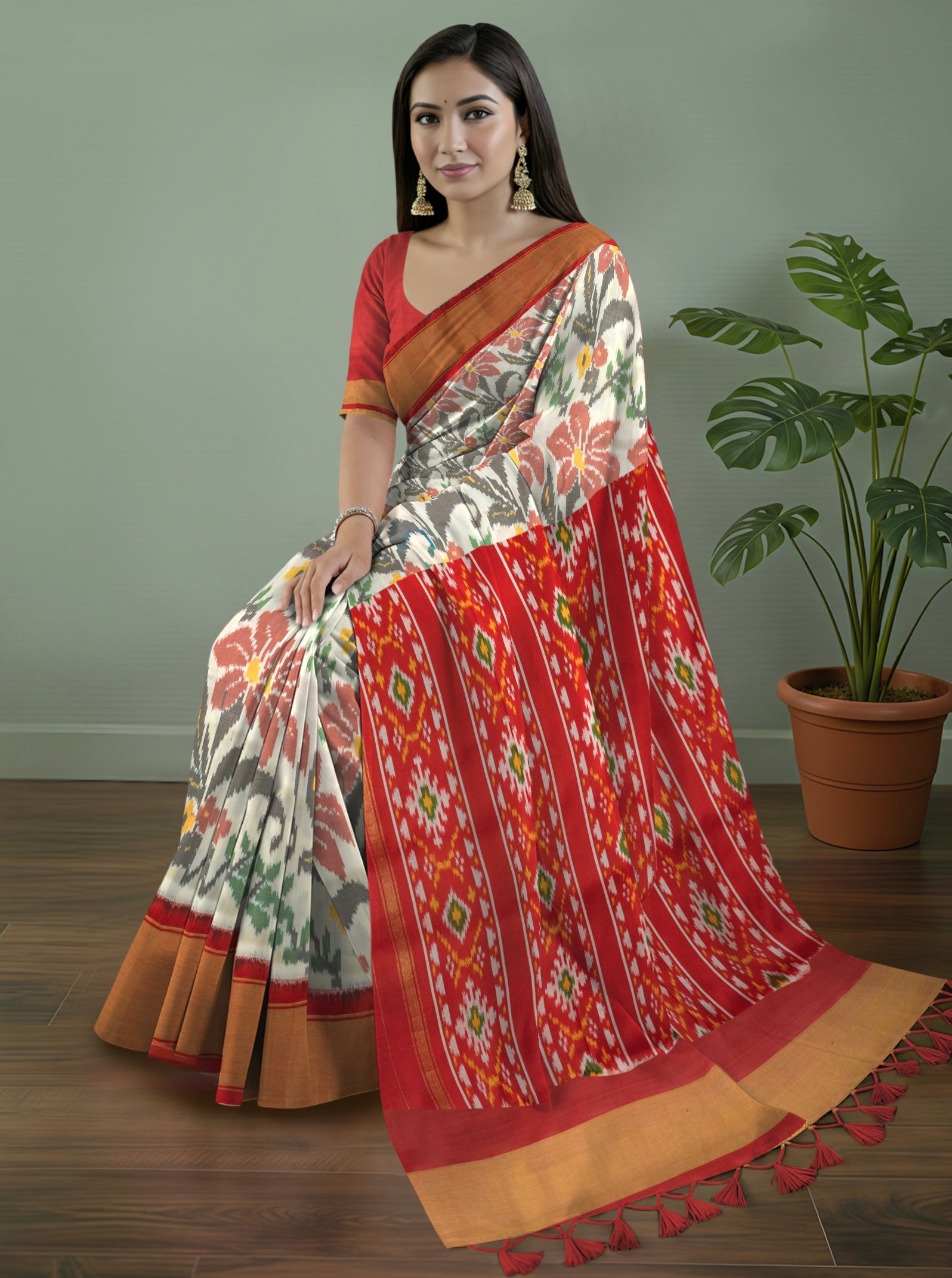 Pure Pochampally Double Ikat Silk Saree in White with Red Ikat Floral Pallu