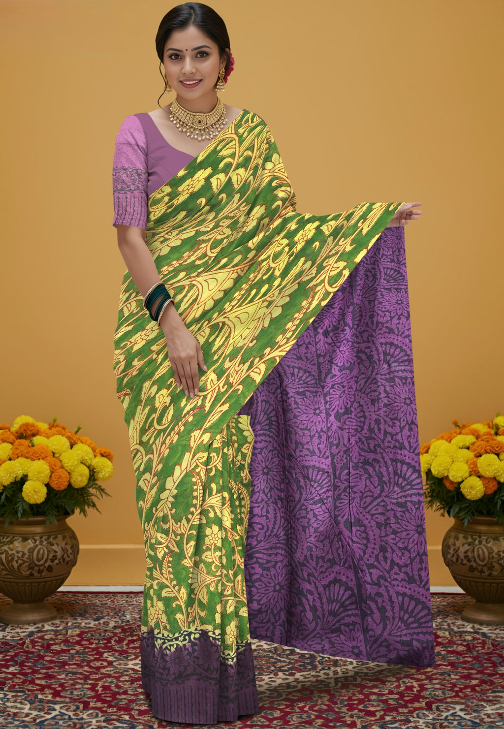 Kalamkari Print Cotton Saree in Green with Floral Design & Contrast Purple Pallu