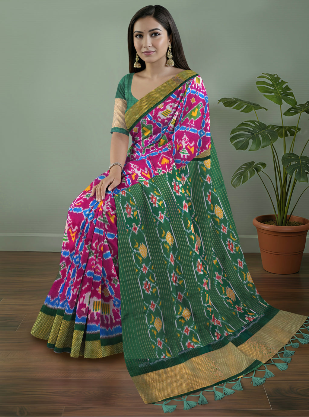 Pure Pochampally silk saree in pink double ikkat with designer pallu and contrast Blouse