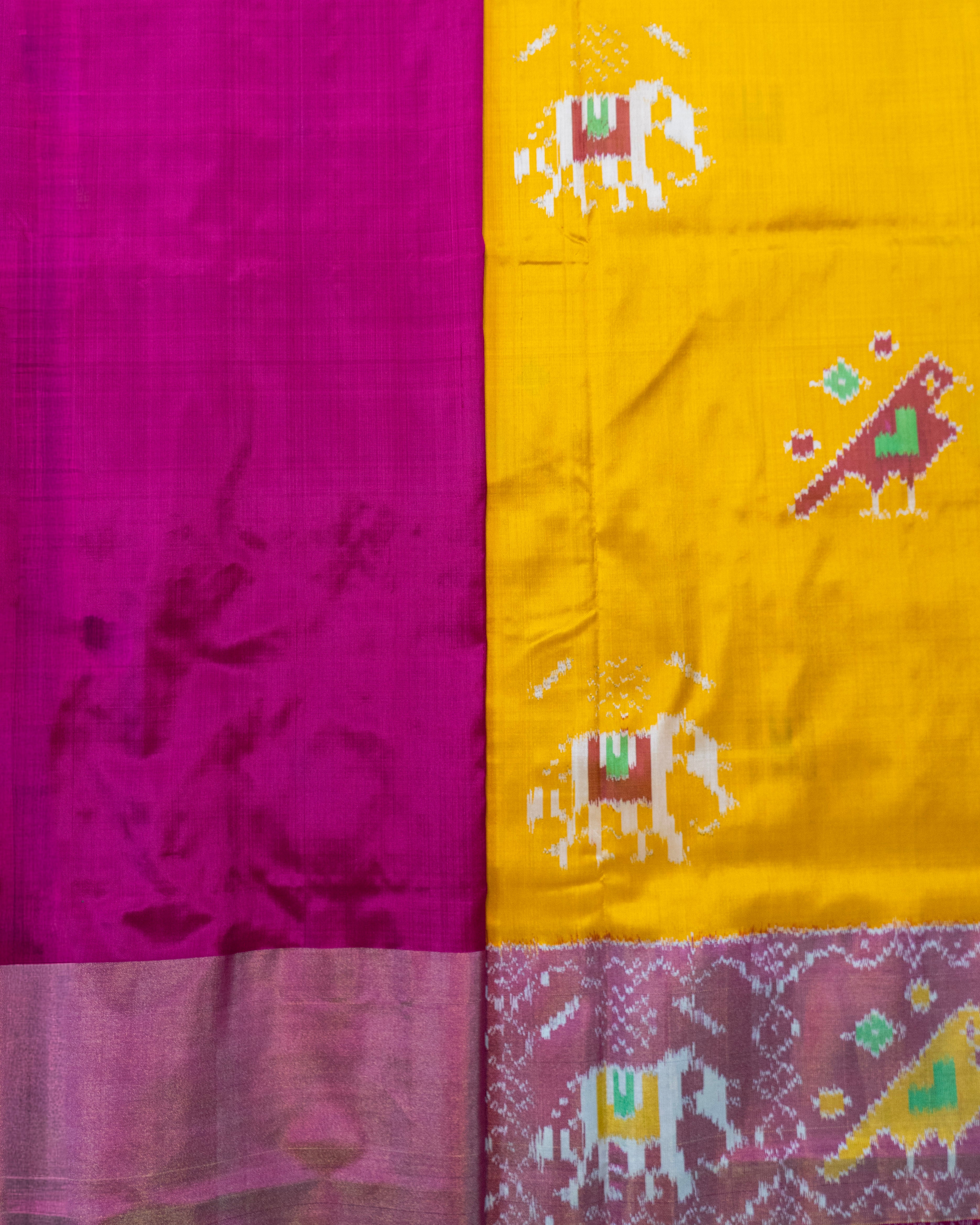 Pure Pochampally Double Ikat Silk Saree in Yellow with Elephant Ikat & Pink Pallu