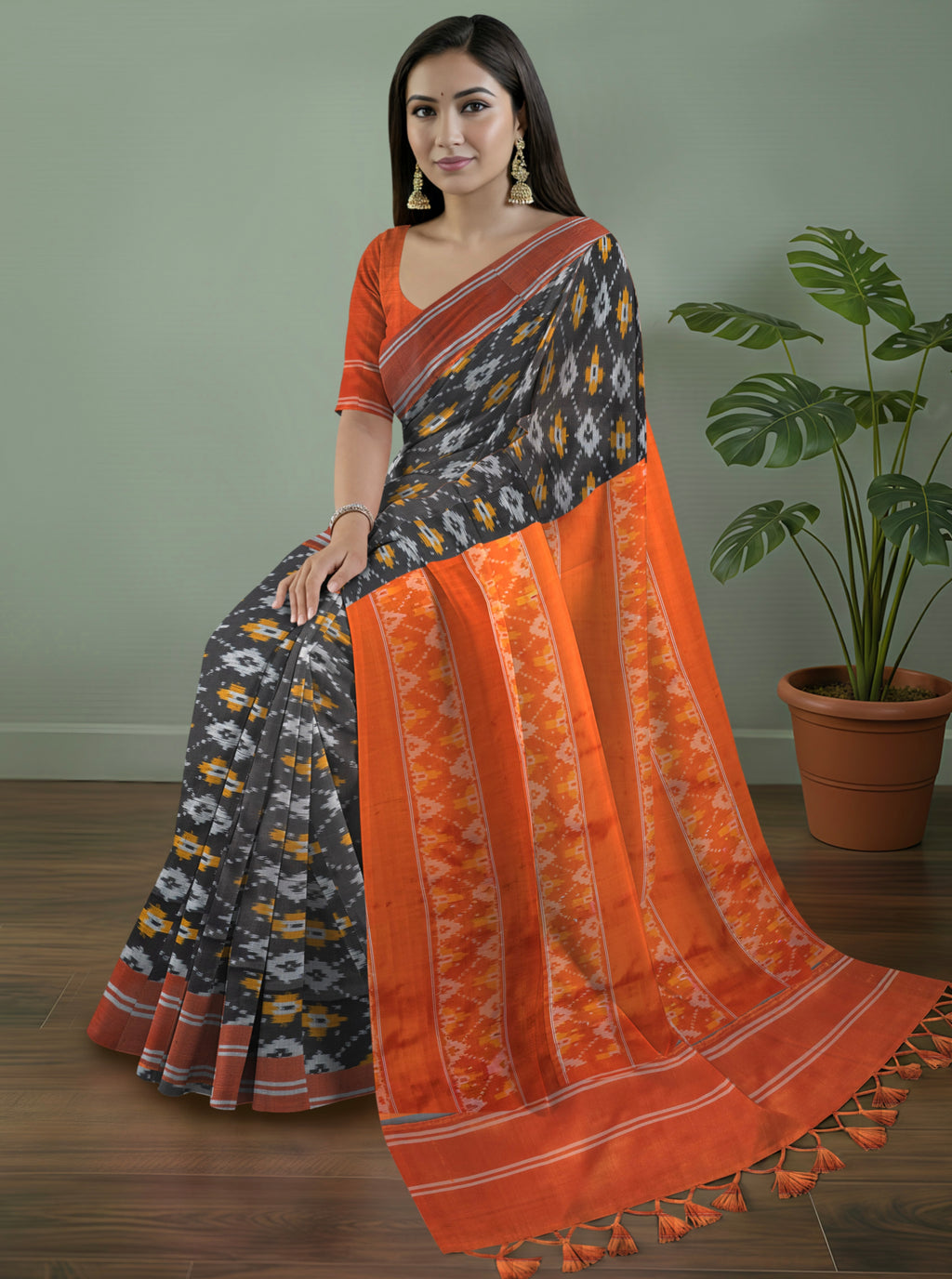 Pure Pochampally Silk Saree in Black with Orange Ikat Pallu & Border