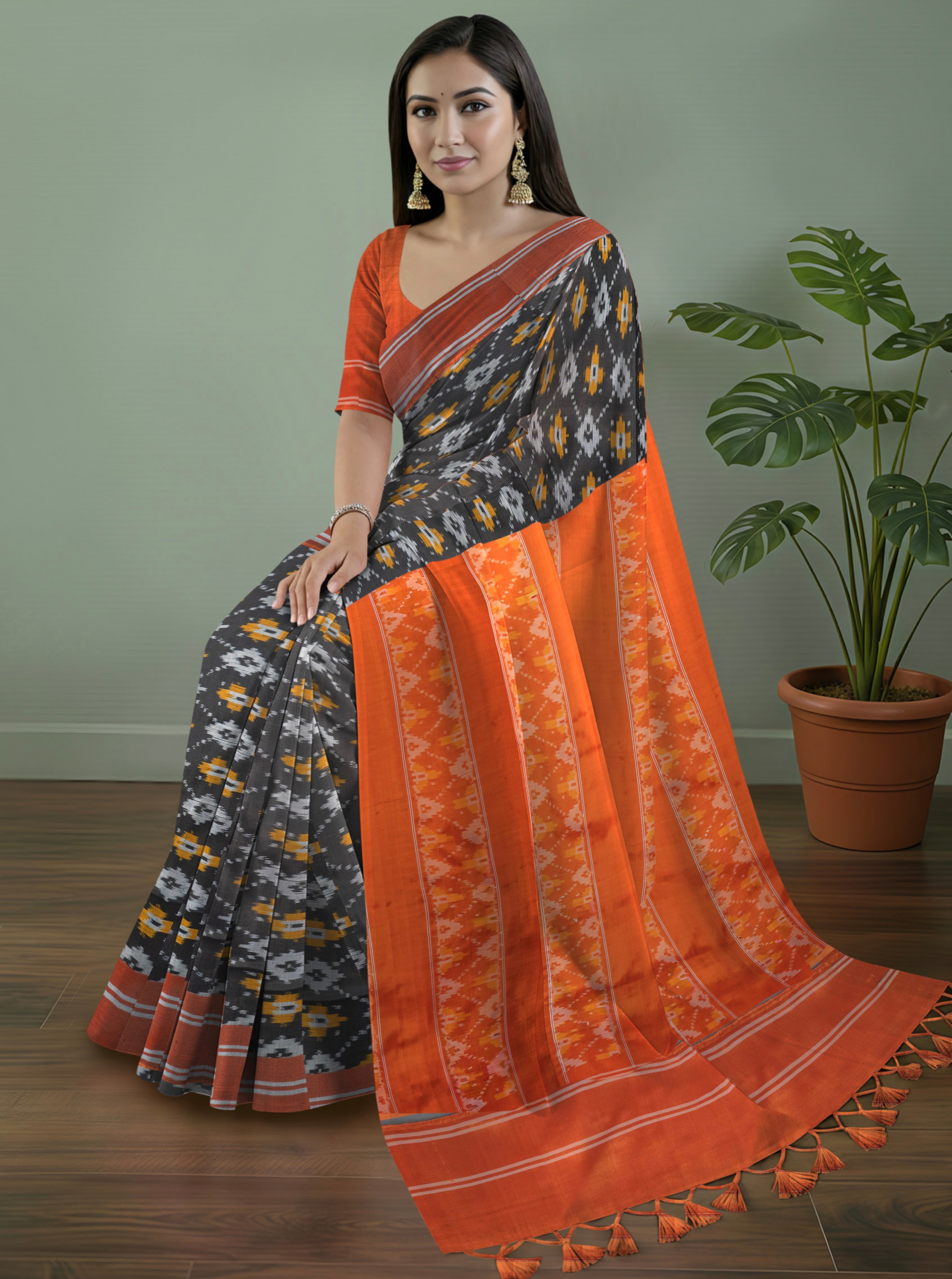 Pure Pochampally Silk Saree in Black with Orange Ikat Pallu & Border
