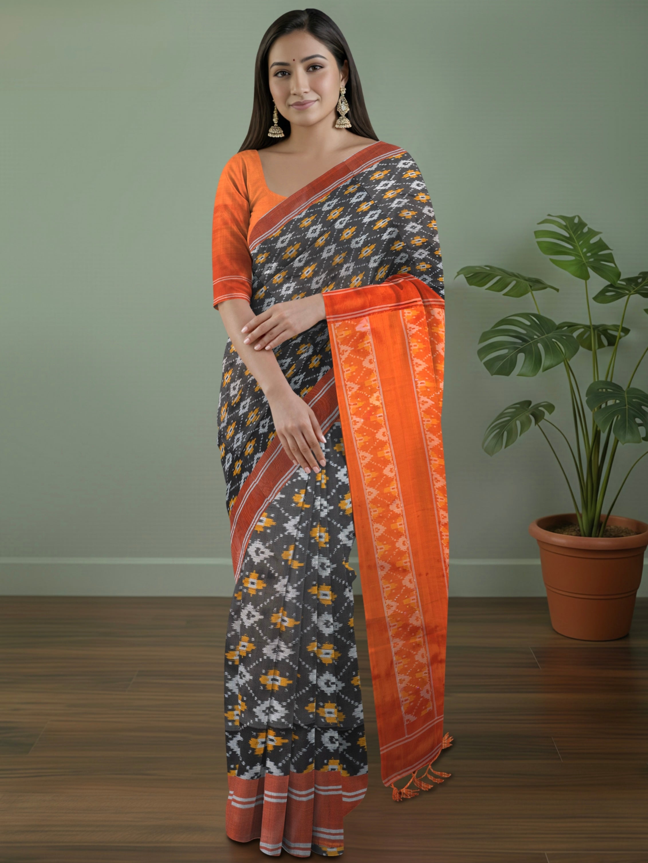 Pure Pochampally Silk Saree in Black with Orange Ikat Pallu & Border