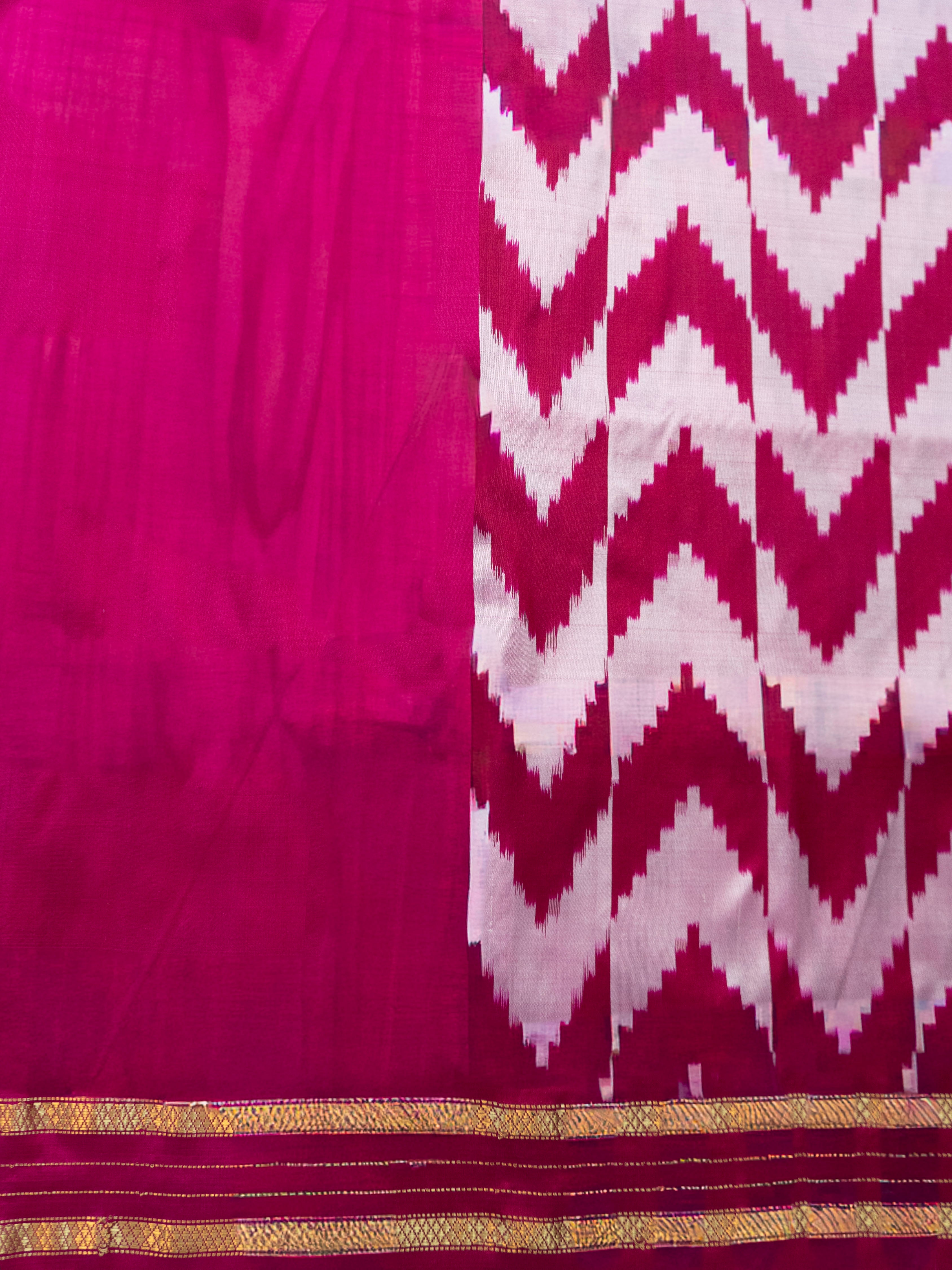 Pure Pochampally Double Ikat Silk Saree in Pink with Ikat Pallu, Golden Zari & Plain Blouse