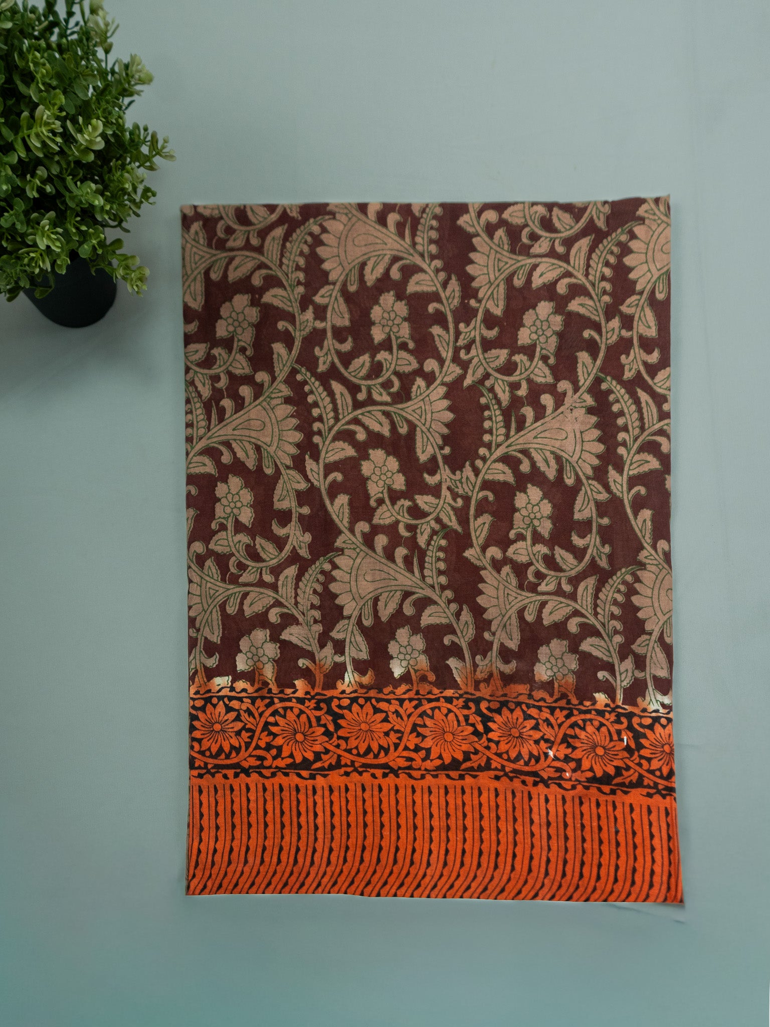 Kalamkari Floral Print Saree with Contrast Kalamkari Pallu & Border